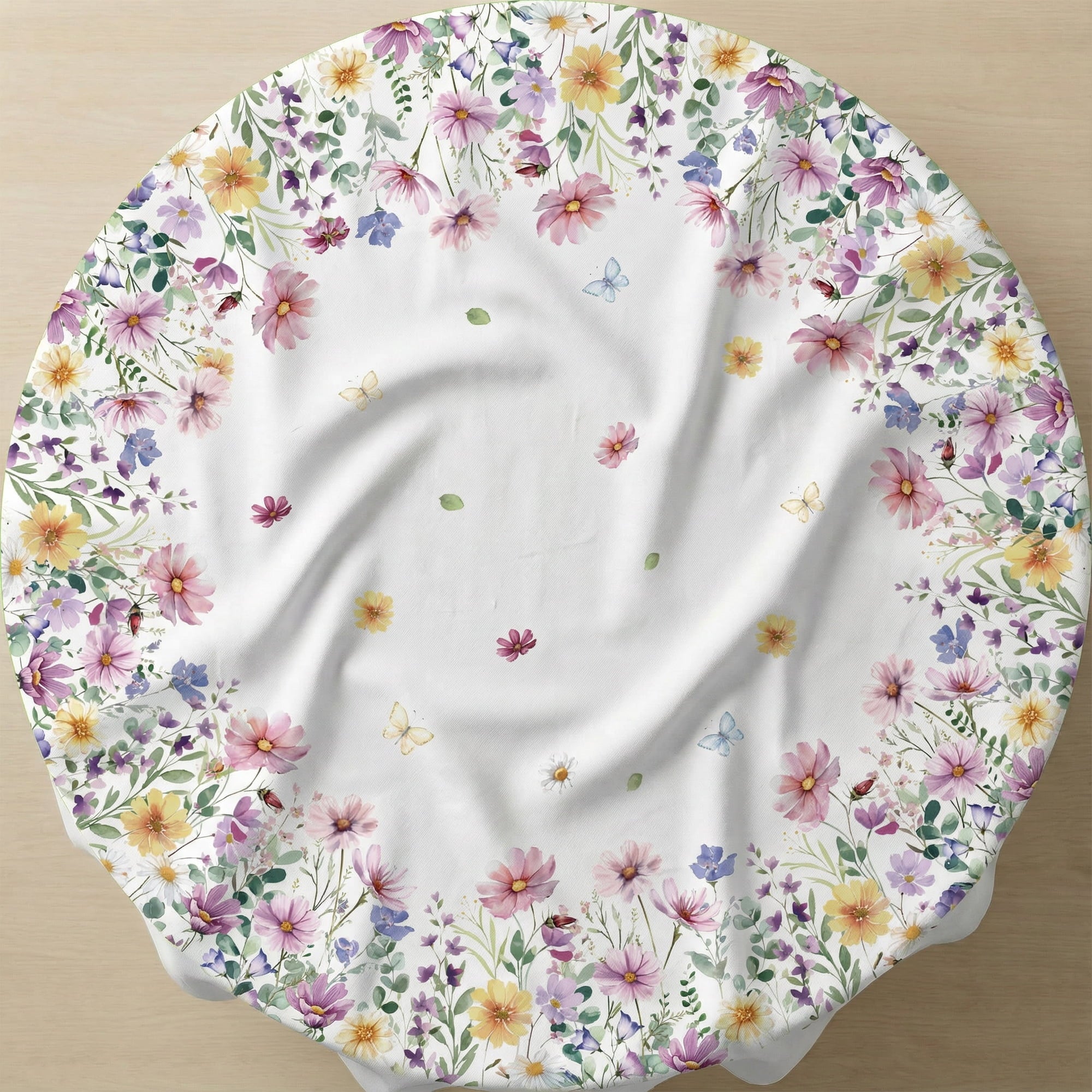 Sm:)e Spring Tablecloth 60 Inch Round, Wildflowers Floral Butterfly Washable Table Cover for Party Picnic Dinner Decor