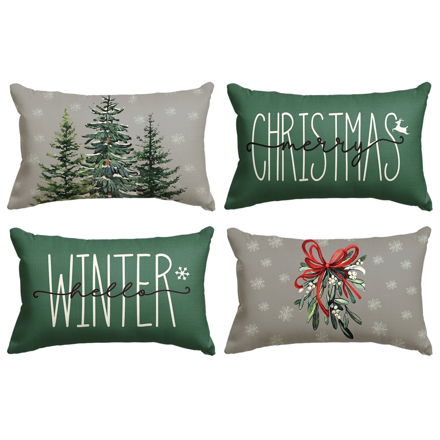 Sm:)e Christmas Trees Green Gray Winter Throw Pillow Cover 12x20 Inch Set of 4
