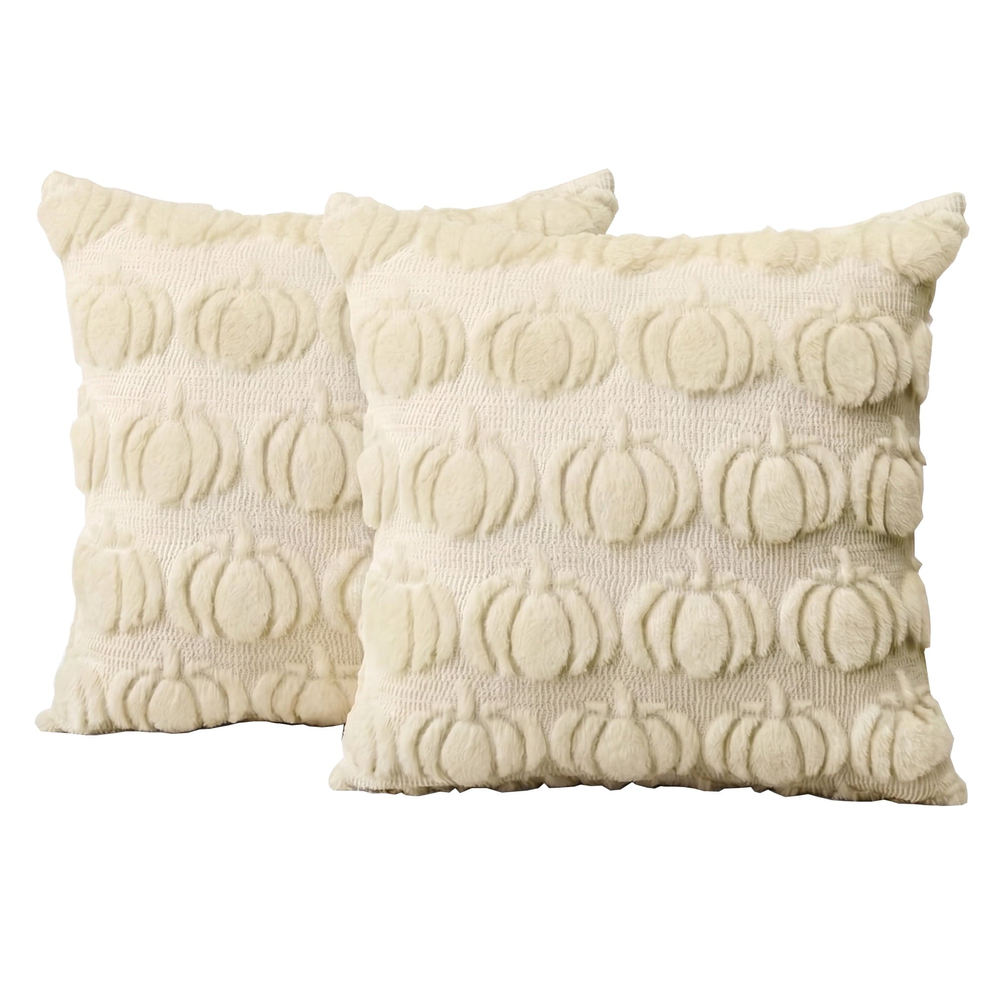 Sm:)e Pumpkin Plush Faux Fur Jacquard Fall Throw Pillow Cover 18x18 Inch, Set of 2, Silky Soft Seasonal Cushion Case for Sofa Couch Beige