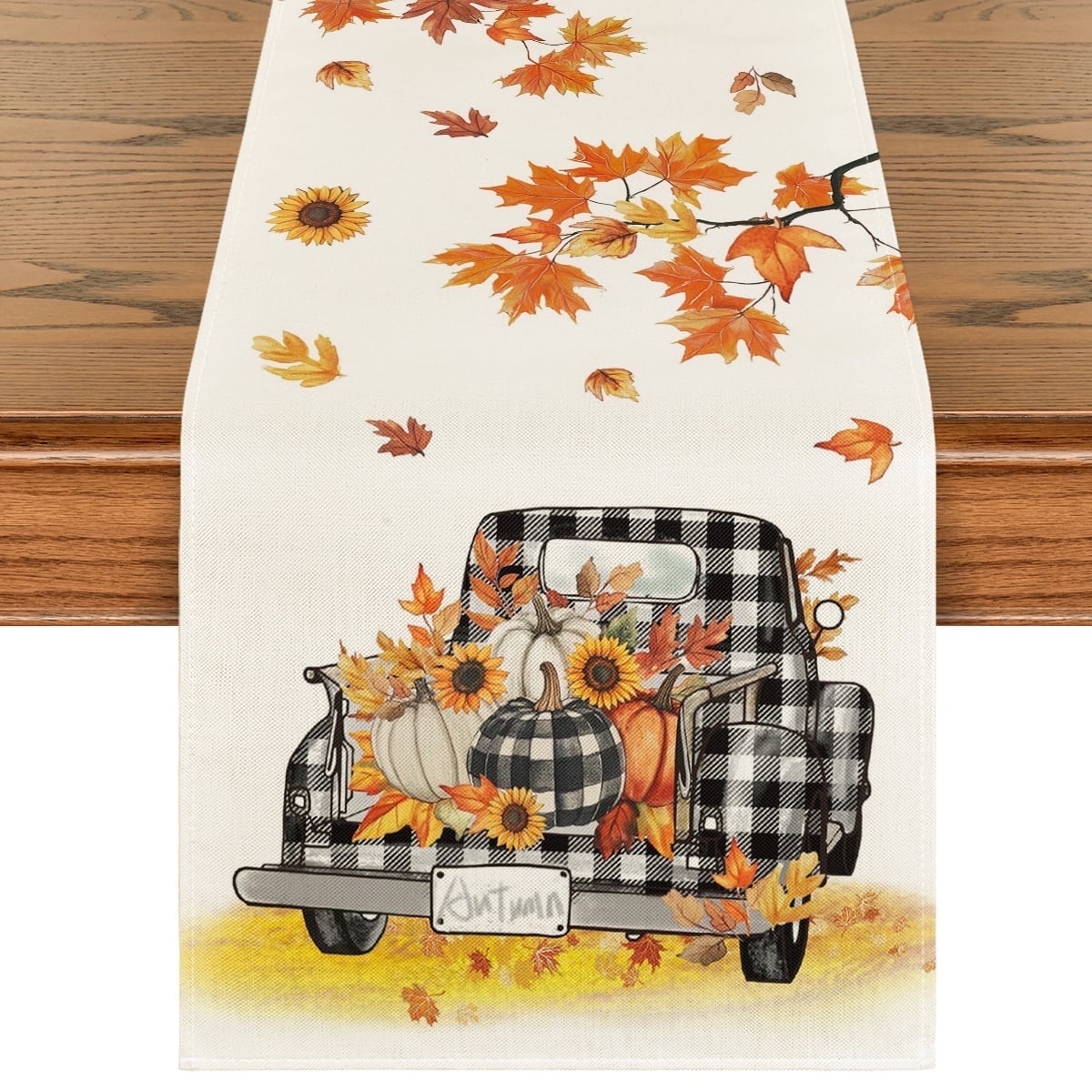 Smile Fall Table Runner 13 x 60, Harvest Thanksgiving Maple Leaves Pumpkins Buffalo Plaid Truck