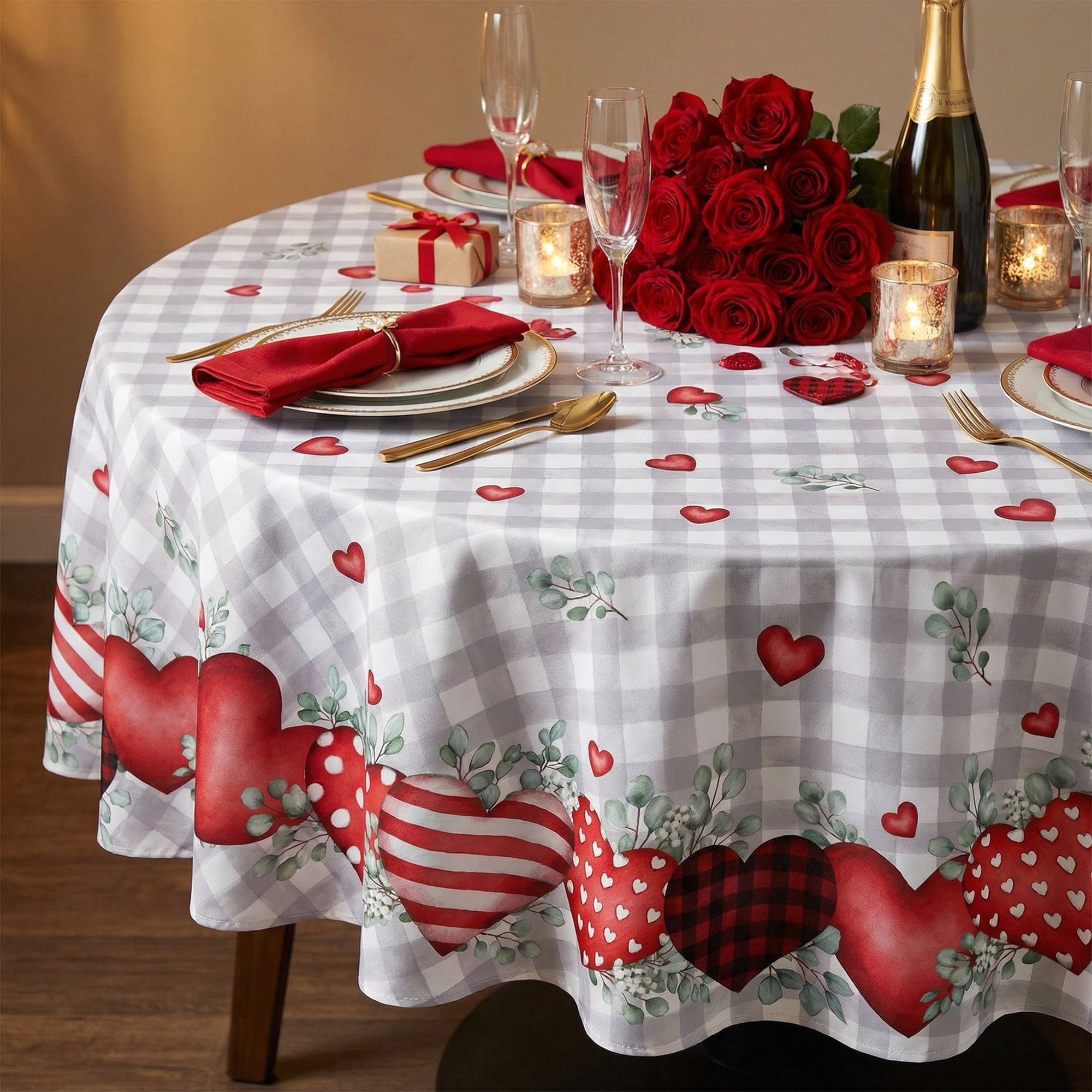 Sm:)e Buffalo Plaid Eucalyptus Hearts Valentine's Day Tablecloth Round 60 Inch