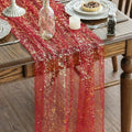 Sm:)e Red Gold Silk Screen Stamping Gauze Table Runner 120 Inch 10FT, Glitter Metallic Foil Sheer Chiffon Table Decor for Wedding Anniversary Birthday Outdoor Home Party Table