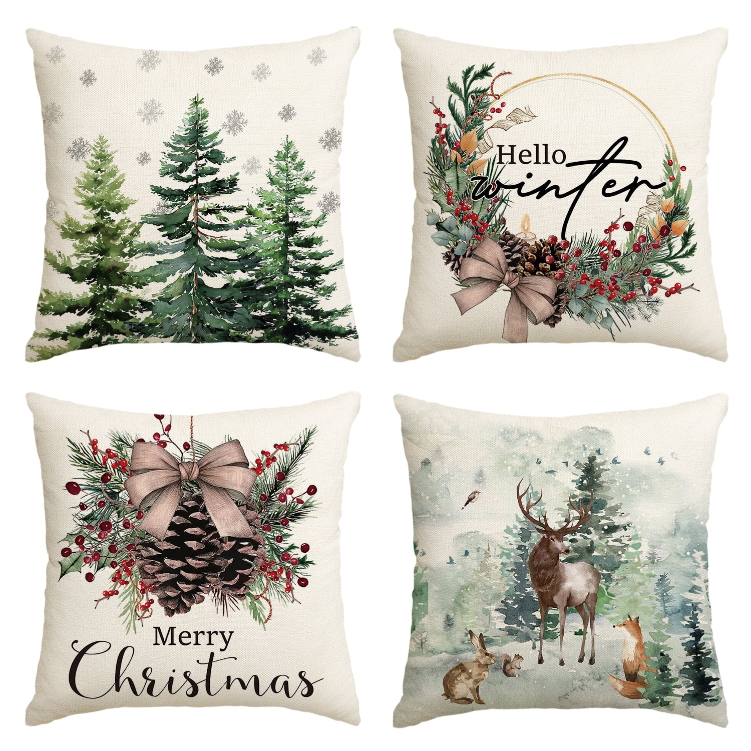 Sm:)e Trees Deer Merry Christmas Hello Winter Pillow Cover Set of 4, 18x18 Inch
