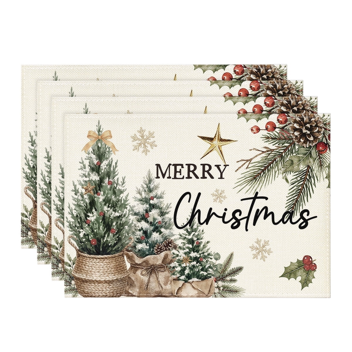 Sm:)e Cedar & Eucalyptus Leaf Christmas Placemats 12 x 18 Inch, Set of 4, Winter Table Decor Supplies for Kitchen Dining & Holiday Party