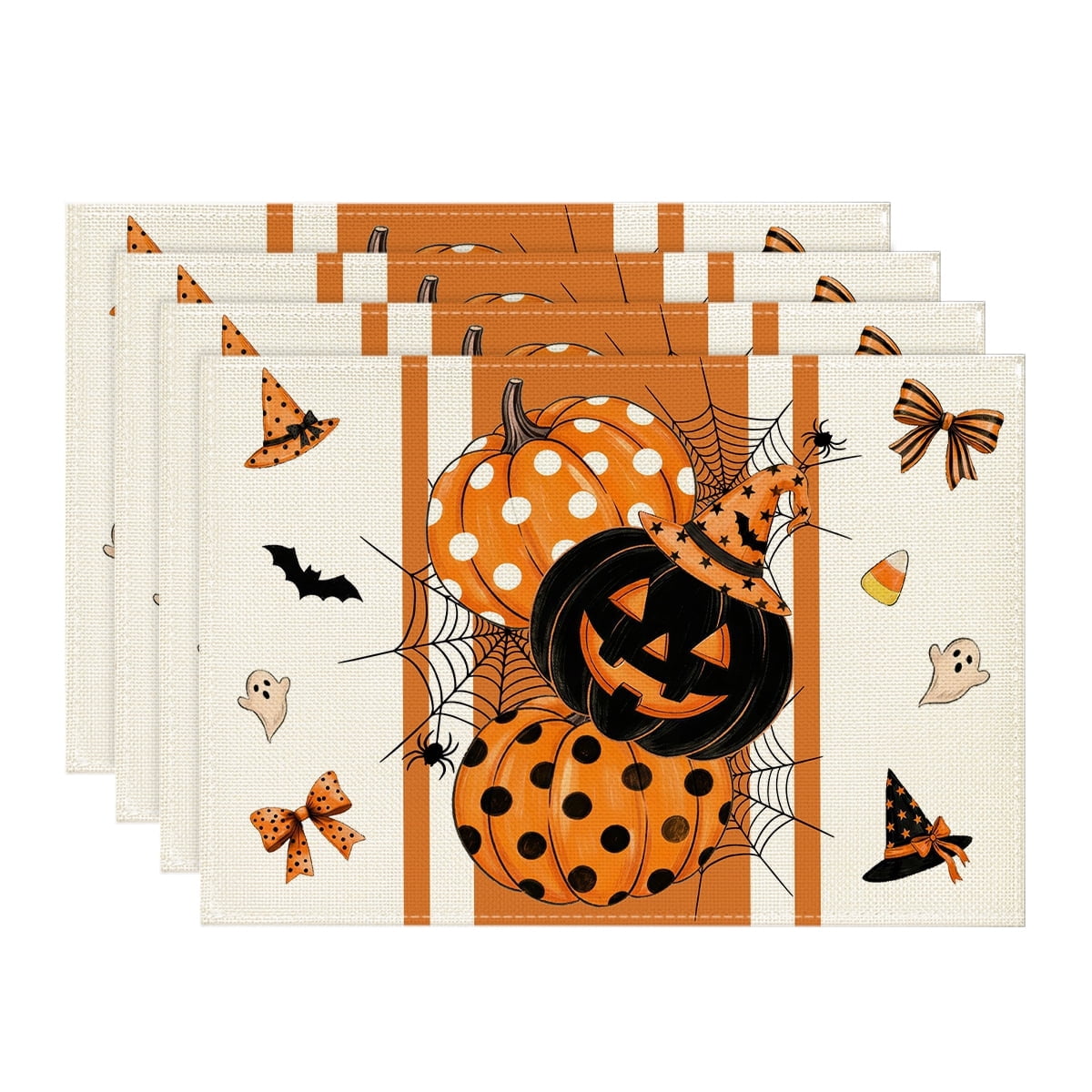 Sm:)e Polka Dot Orange Pumpkin Witch Hat Spider Web Ghost Bat Halloween Placemats Set of 4, 12x18 Inch Holiday Table Mats for Indoor Outdoor Party Dining Decoration