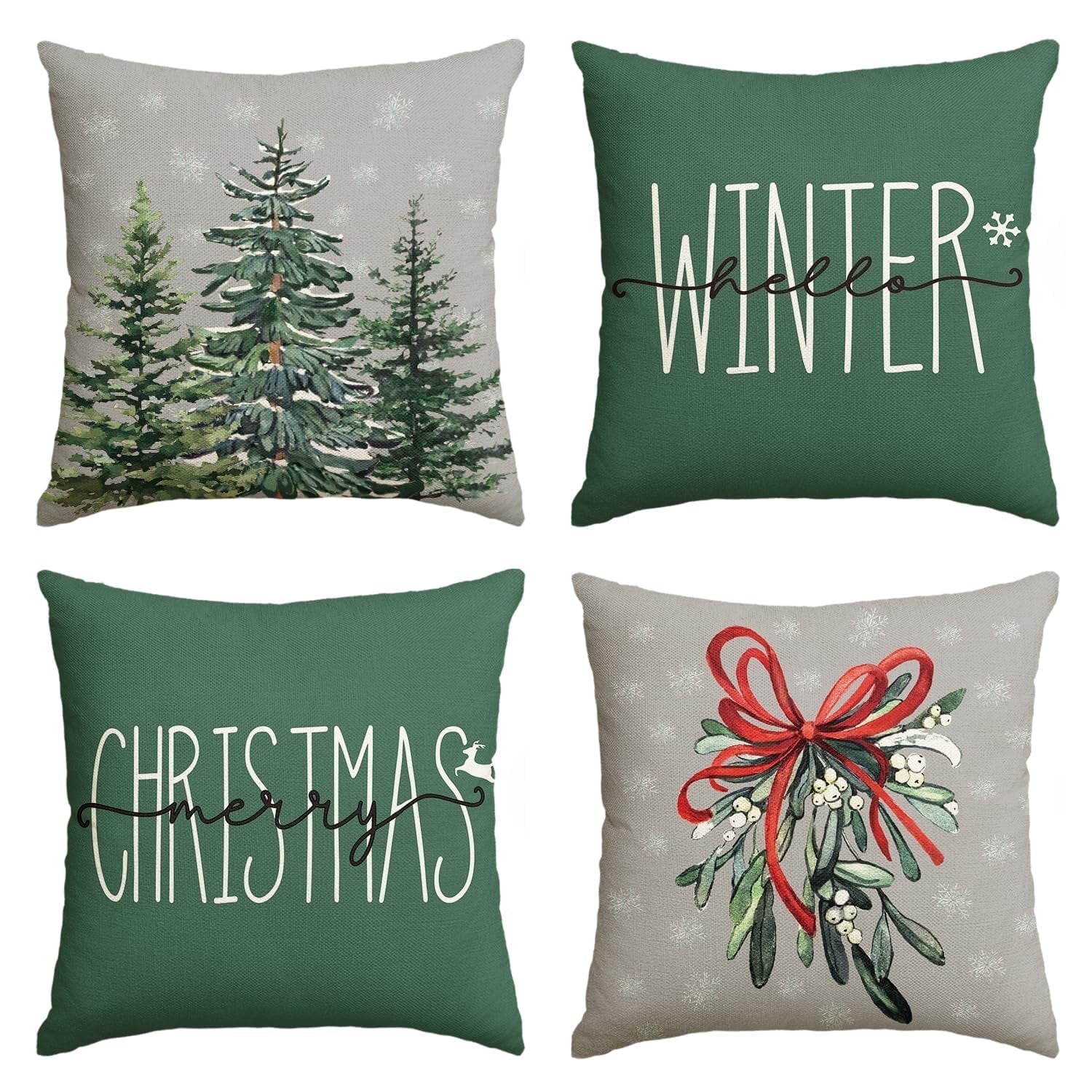 Sm:)e Merry Christmas Tree Hello Winter Green Throw Pillow Covers, 18 x 18 Inch Mistletoe Pine Spruce Holiday Cushion Case Decoration for Sofa Couch Set of 4