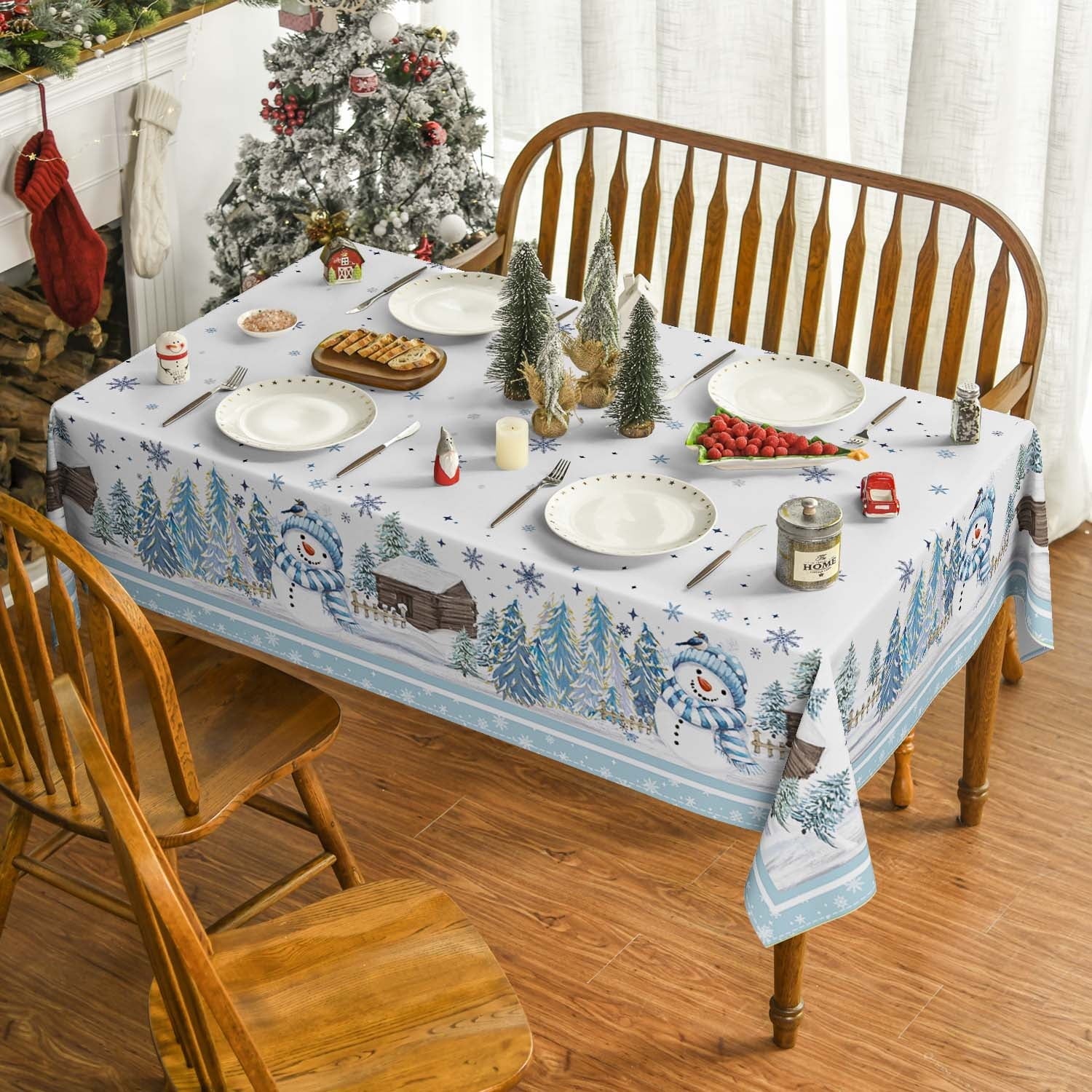 Sm:)e Christmas Tablecloth 52x70 Inch, Blue Snowman Pine Snow Washable Table Cover for Party Picnic Dinner Decor