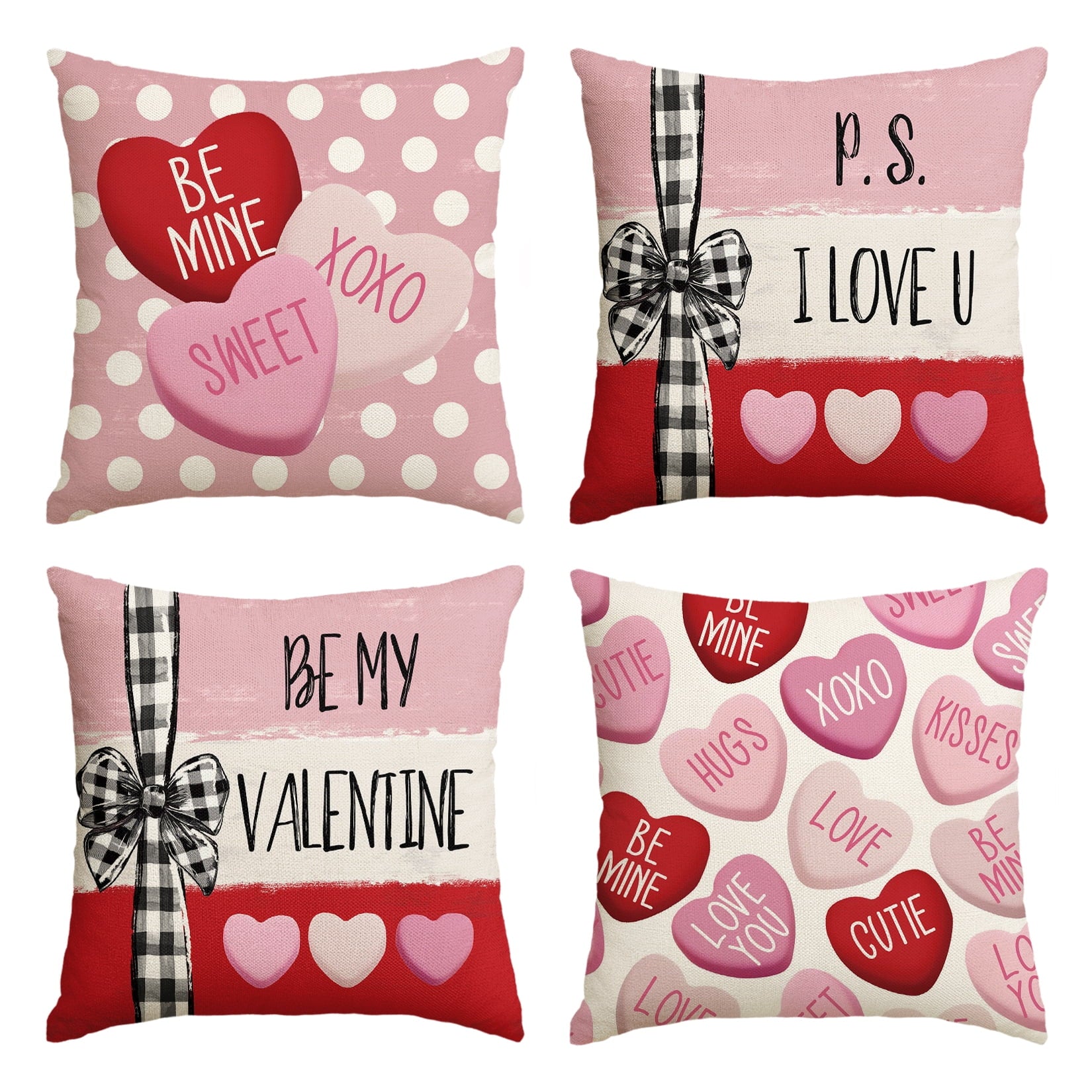 Sm:)e Candy Heart Valentine Throw Pillow Covers Set of 4 Red, 18 x 18 Inch Valentine Stripes Cushion Case Decoration for Sofa Couch