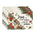 Sm:)e Nativity Scene, Poinsettia Cross Christmas Placemats 12 x 18 Inch, Set of 4, Winter Table Decor Supplies for Kitchen Dining & Holiday Party