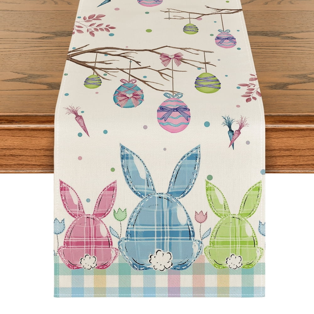 Sm:)e Buffalo Plaid Bunny Egg Carrot Easter Table Runner 13x72 Inch