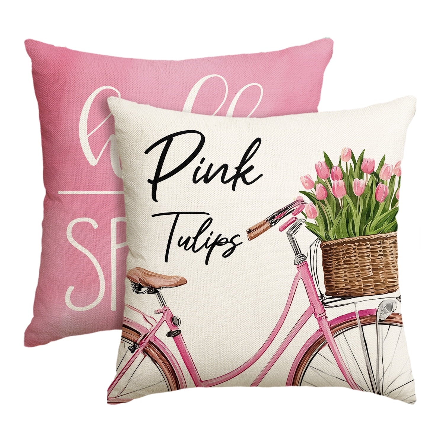 Sm:)e Bicycle Tulips Hello Spring Throw Pillow Covers Set of 2,18x18 Inch,Pink