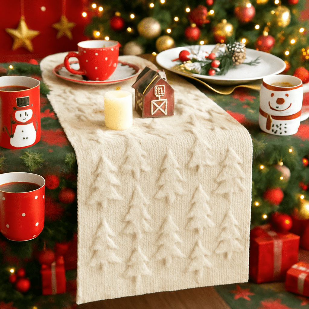 Sm:)e Beige Tree Christmas Table Runner 13x72 Inch, Soft Plush Faux Fur Mantel Kitchen Dining Table Decor, Winter Xmas Party Decor