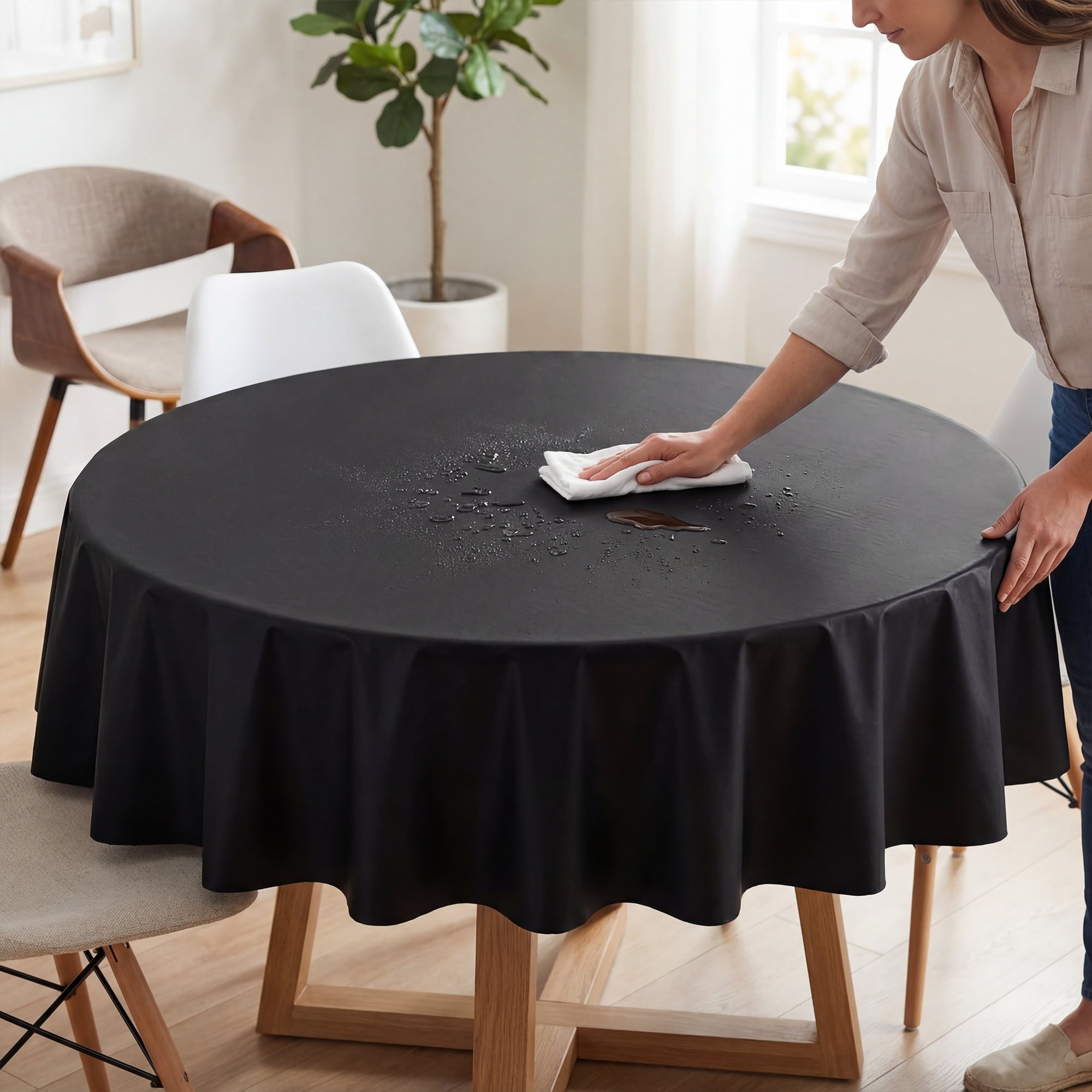 Plastic Table Cloth Disposable 6 Pack, Round 84 Inch, Black, for Party Picnic Wedding