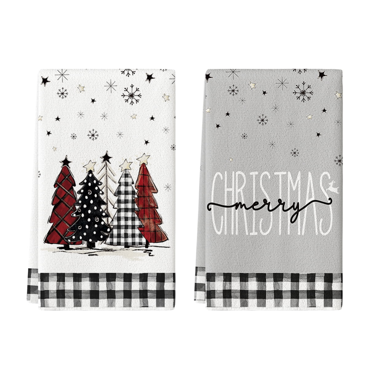 Sm:)e Trees Merry Christmas Kitchen Dish Towels Set of 2 18x26 Inch Black and White Buffalo Plaid
