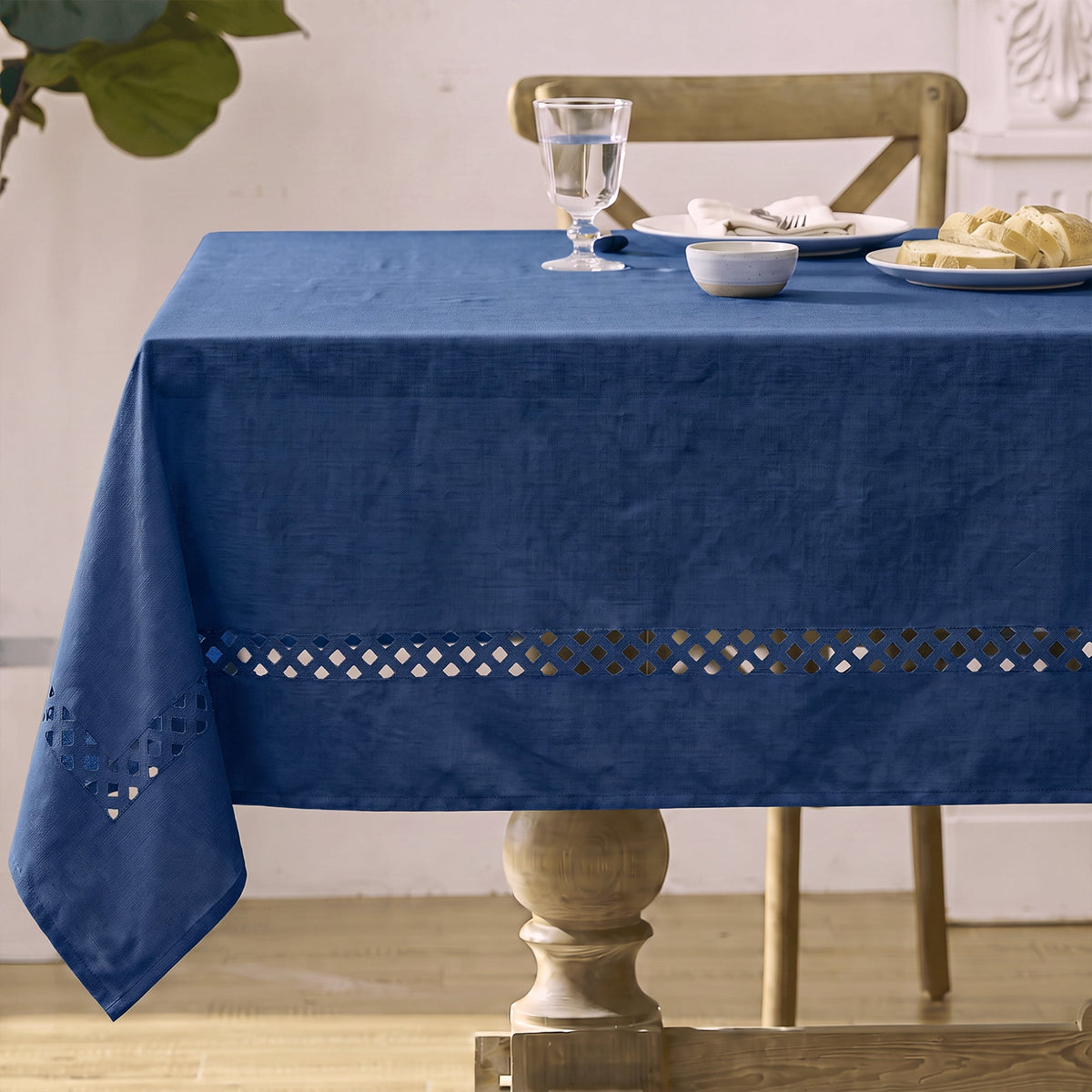 Sm:)e Fabric Openwork Farmhouse Style Linen Tablecloth 60 x 84 Inch Rectangle, with Decorative Cutouts, Navy Blue