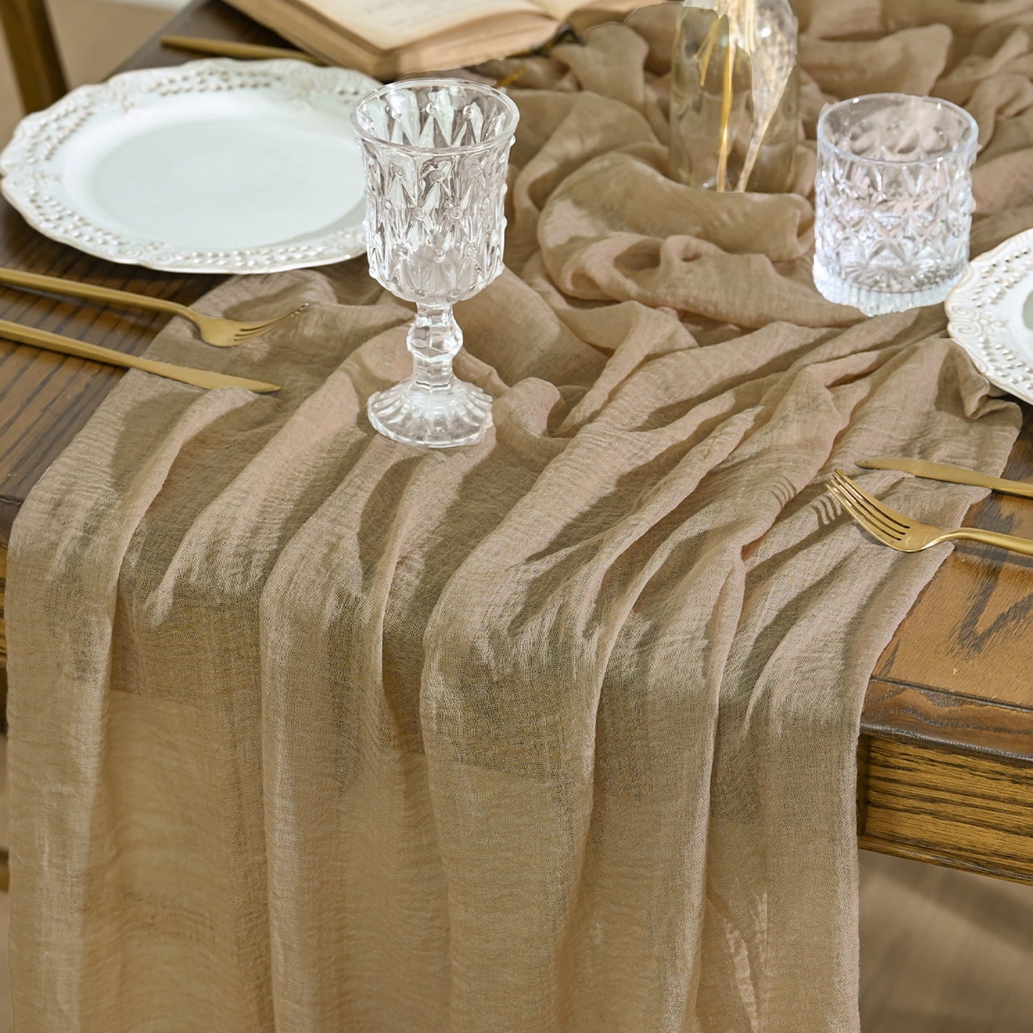 Sm:)e Sand Cheesecloth Table Runner 120 Inch Rustic Gauze Boho Chair Sashes for Bridal Shower Wedding Party Catering Home Decoration Supplies