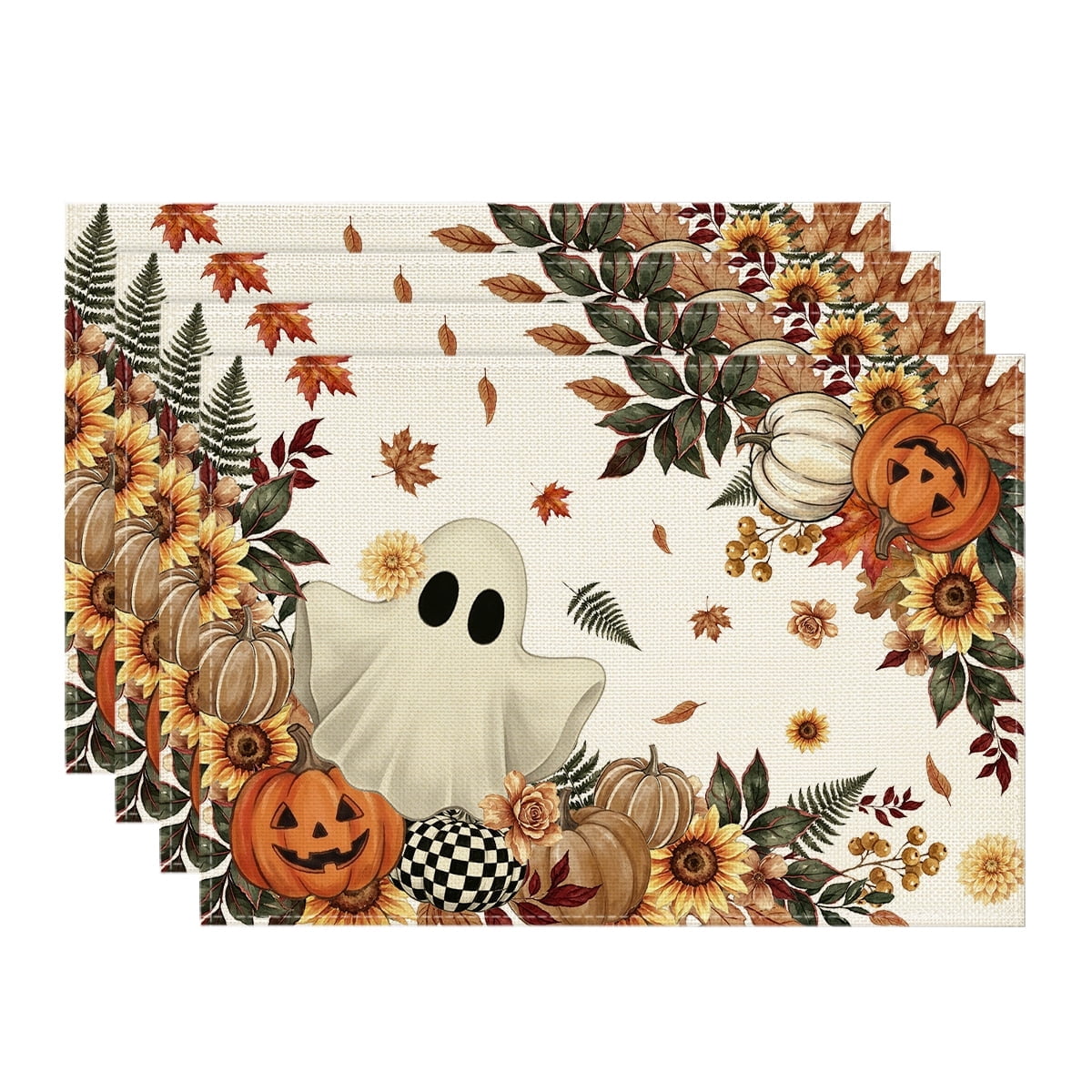 Sm:)e Ghost Pumpkins Eucalyptus Maple Leaves Halloween Placemats Set of 4, 12x18 Inch Holiday Table Mats for Indoor Outdoor Party Dining Decoration