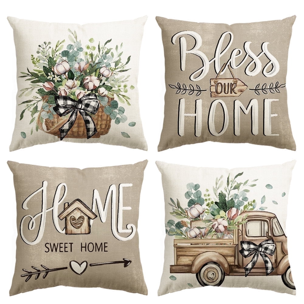 Sm:)e Bless Home Floral Eucalyptus Truck Spring Pillow Covers for Summer Set of 4 18x18 Inch