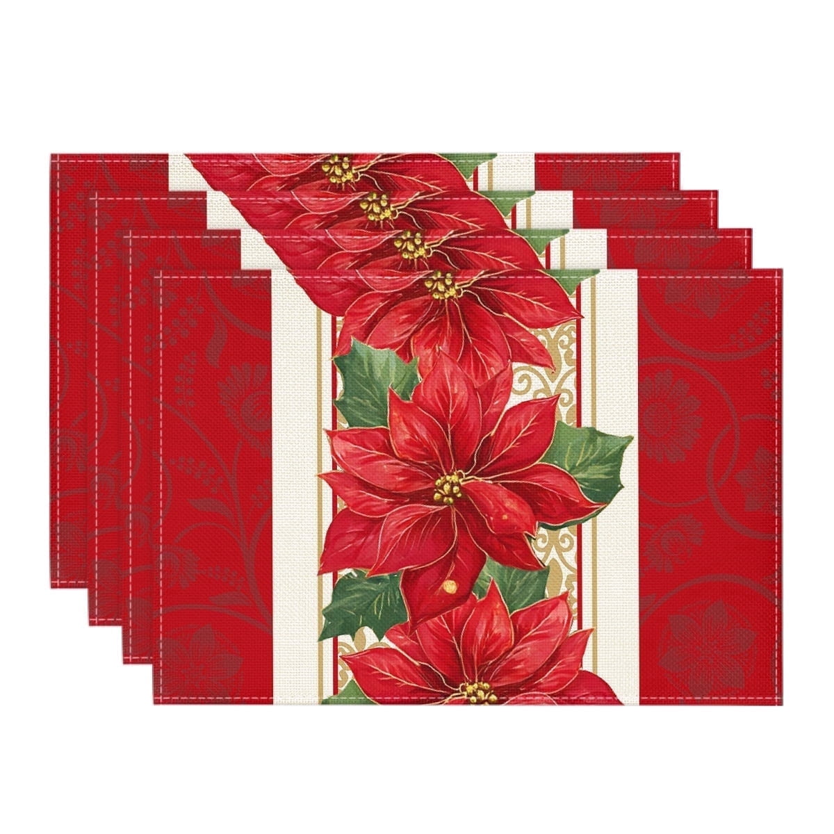 Smile Red Poinsettia Christmas Placemats for Set of 4, 12 x 18 Inch, Seasonal Winter Xmas Holiday Table Mats for Party Kitchen Dining Decoration