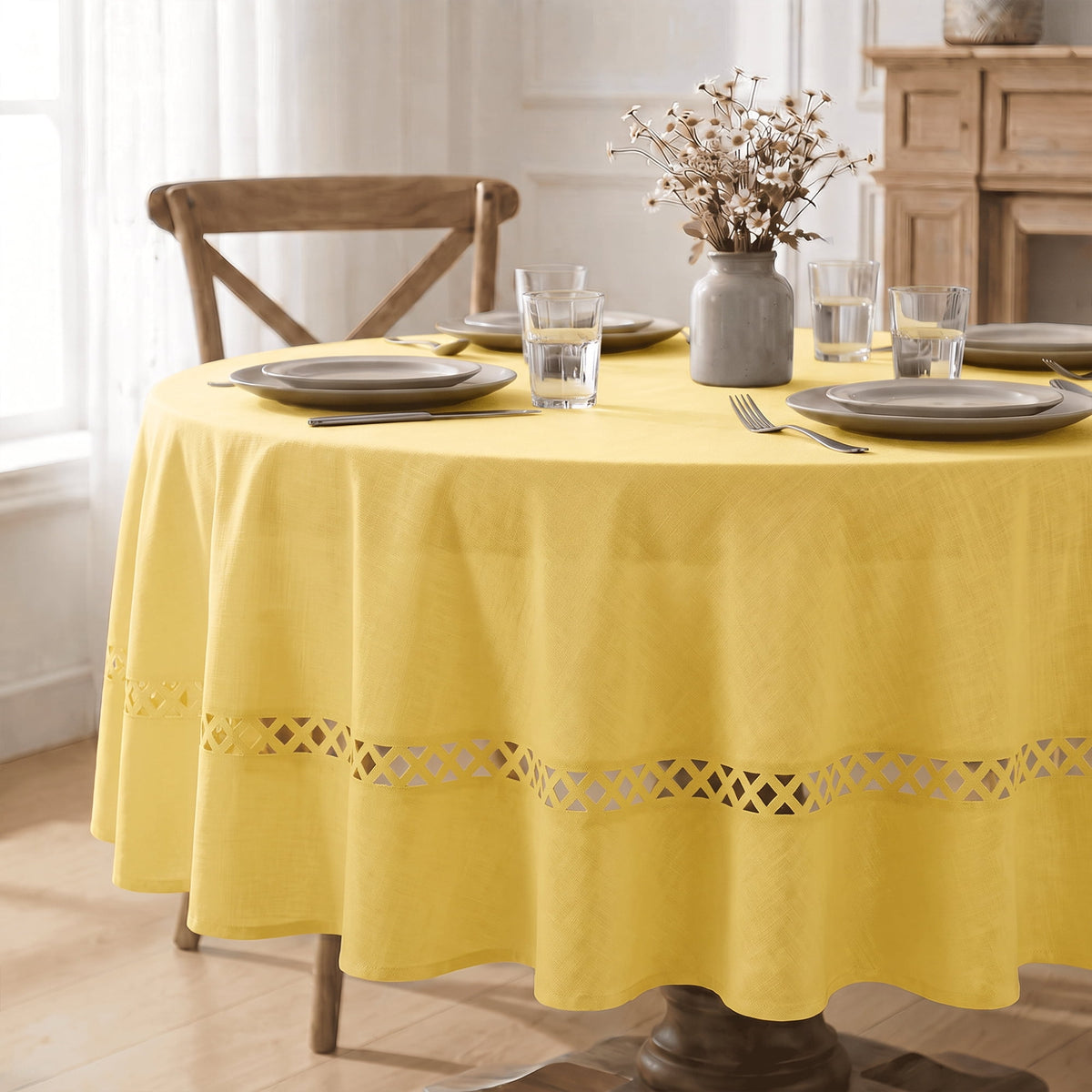 Sm:)e Fabric Openwork Farmhouse Style Linen Tablecloth Round 60 Inch, with Decorative Cutouts, Yellow