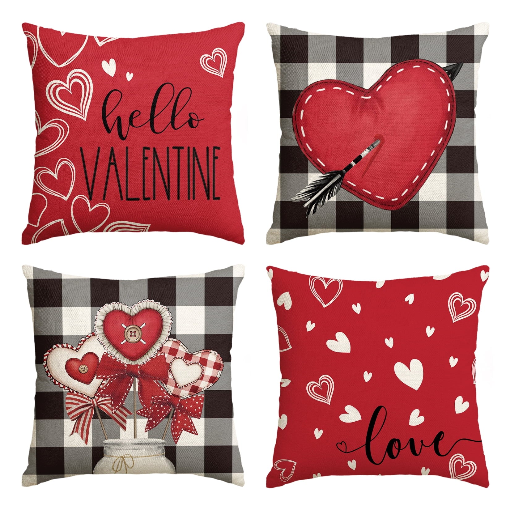 Sm:)e Love Heart Buffalo Plaid Valentine Throw Pillow Covers Set of 4, 18 x 18 Inch Bow Tie Arrow Cushion Case Decoration for Sofa Couch