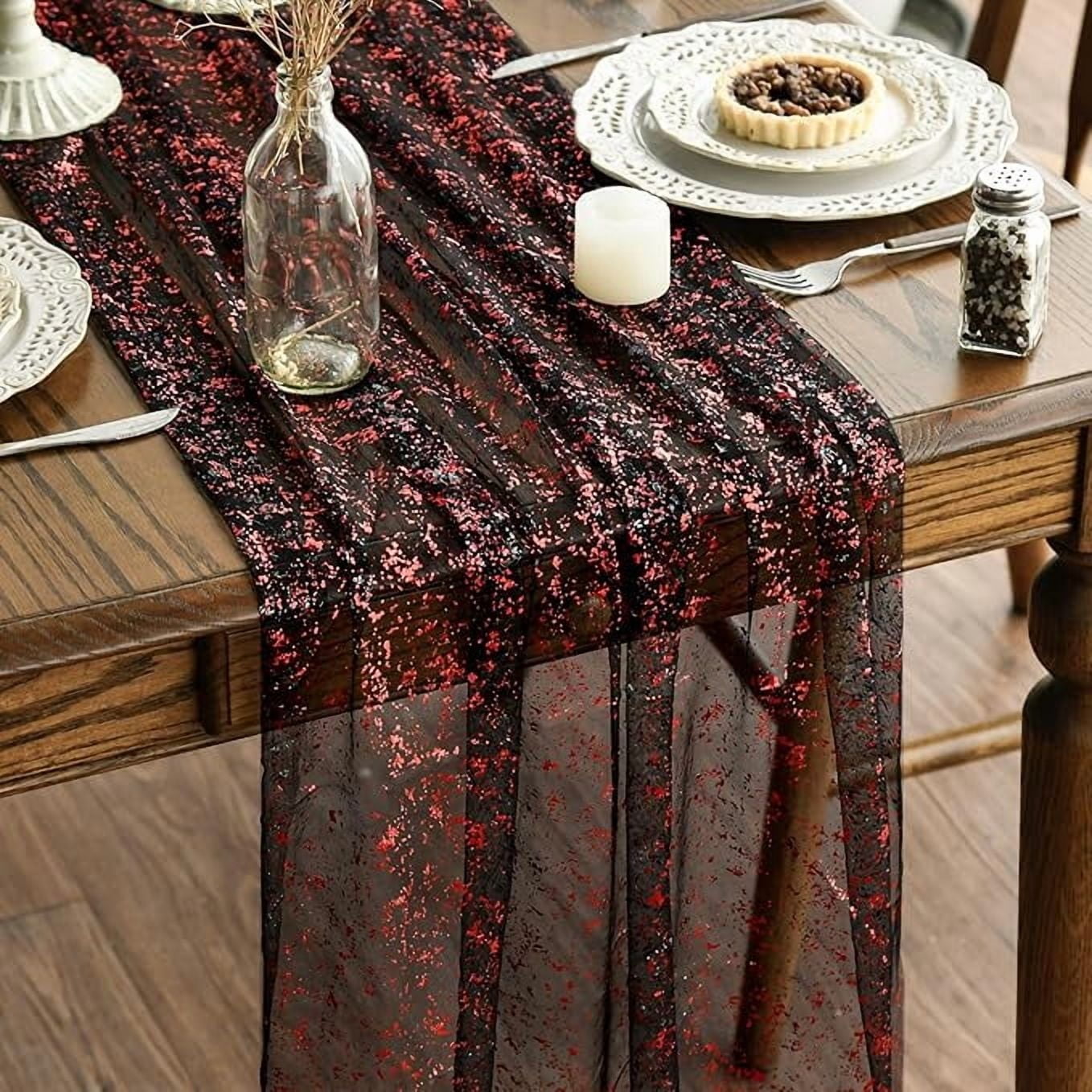 Sm:)e Black Red Gold Silk Screen Stamping Gauze Table Runner 120 Inch 10FT, Glitter Metallic Foil Sheer Chiffon Table Decor for Wedding Anniversary Birthday Outdoor Home Party Table