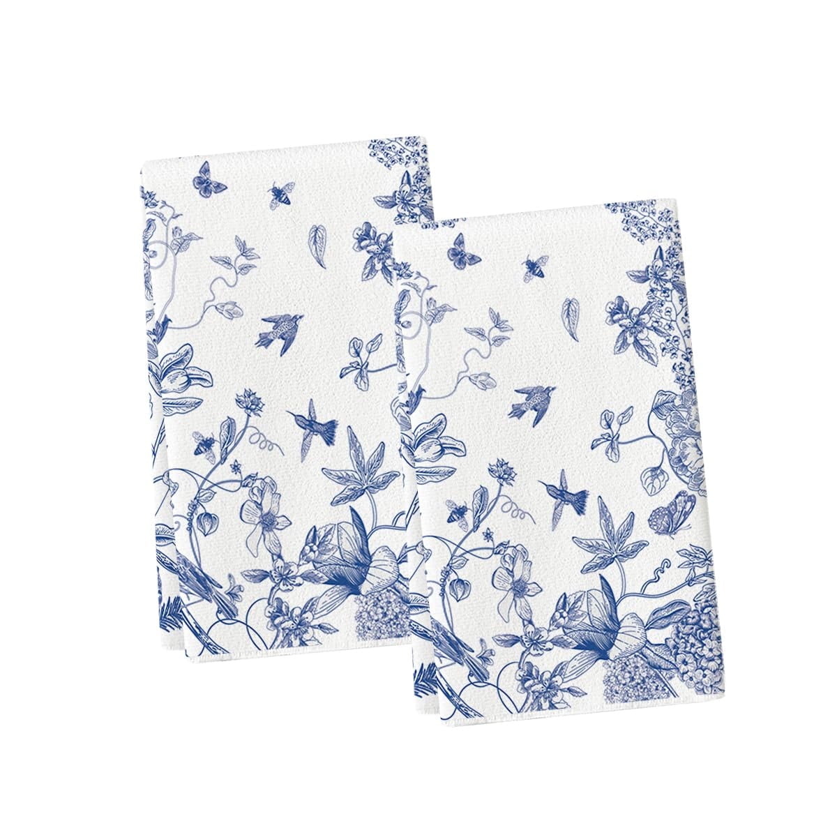 Sm:)e Floral Leaves Hummingbird Royal Blue Porcelain Kitchen Towels Dish Towels, 18x26 Inch Seasonal Butterflies Decoration Hand Towels Set of 2