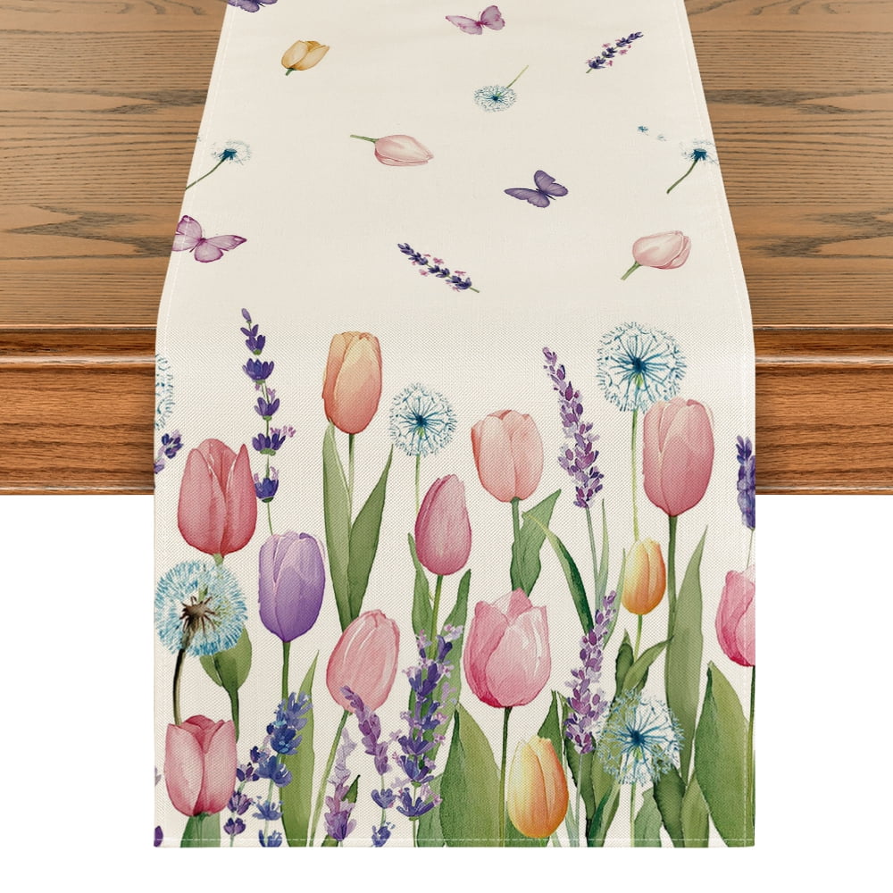 Sm:)e Lavender Tulip Flower Table Runner for Spring Summer 13 x 36 Inch Seasonal Home Kitchen Decor