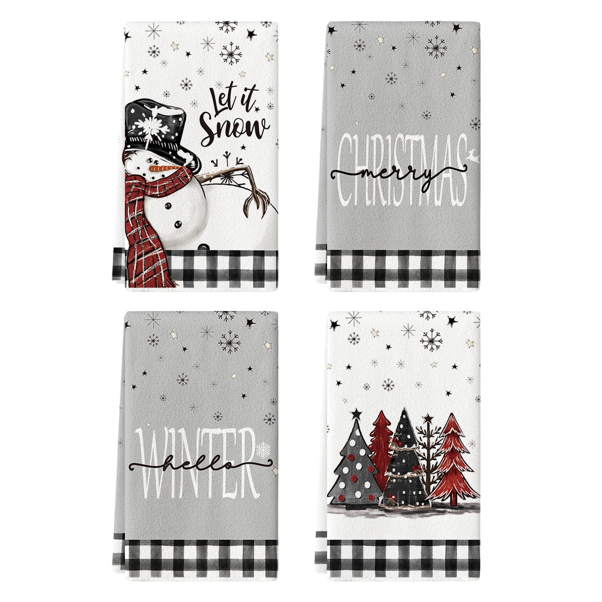 Sm:)e Black White Buffalo Plaid Snowman Xmas Trees Christmas Kitchen Dish Towels 18 x 26 Inch Set of 4