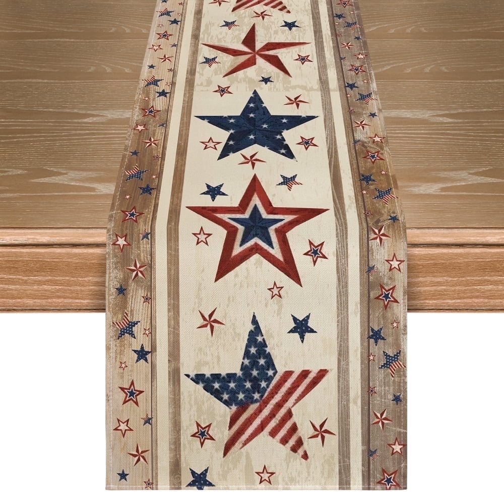 Sm:)e Stars 4th of July Table Runner 13x72 inch, Wooden Patriotic Decor Durable and Stylish Independence Day Party and Family Gathering Supply