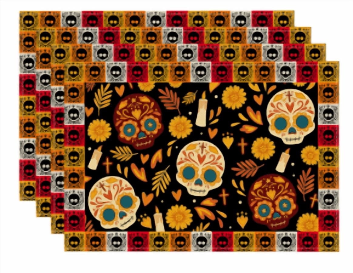 Sm:)e Skull Day of The Dead Print Halloween Placemats 12x18 Inch Set of 4, Kitchen & Dining Table Decor, Spooky Party Decoration