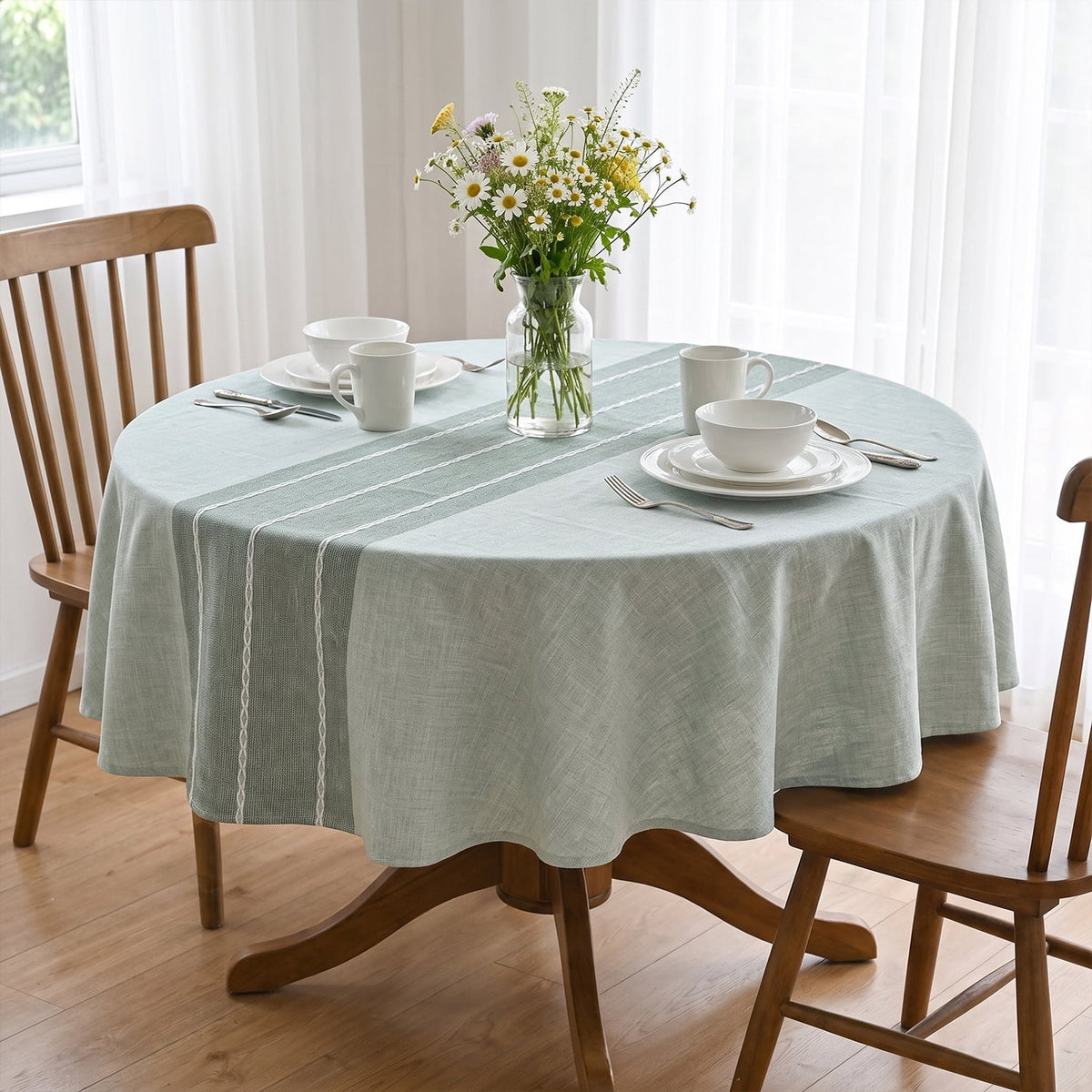 Sm:)e Chenille Fabric Yarn-Dyed Tablecloth 60 Inch Round, Light Green, Wrinkle Free