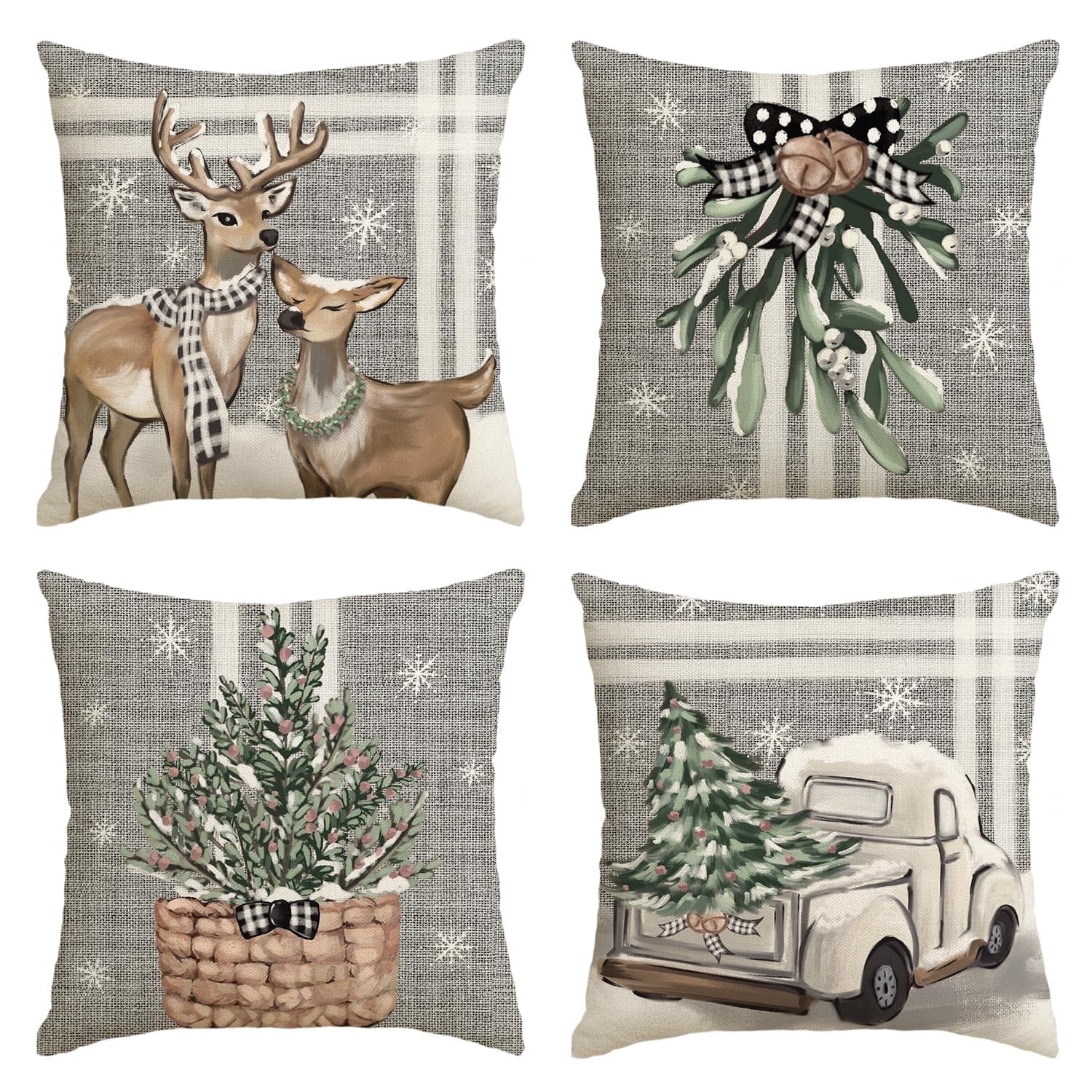 Sm:)e Tree Reindeer Truck Winter Deer Christmas Throw Pillow Covers Set of 4, 18 x 18 Inch Holiday Cushion Case Decoration for Sofa Couch, Gray