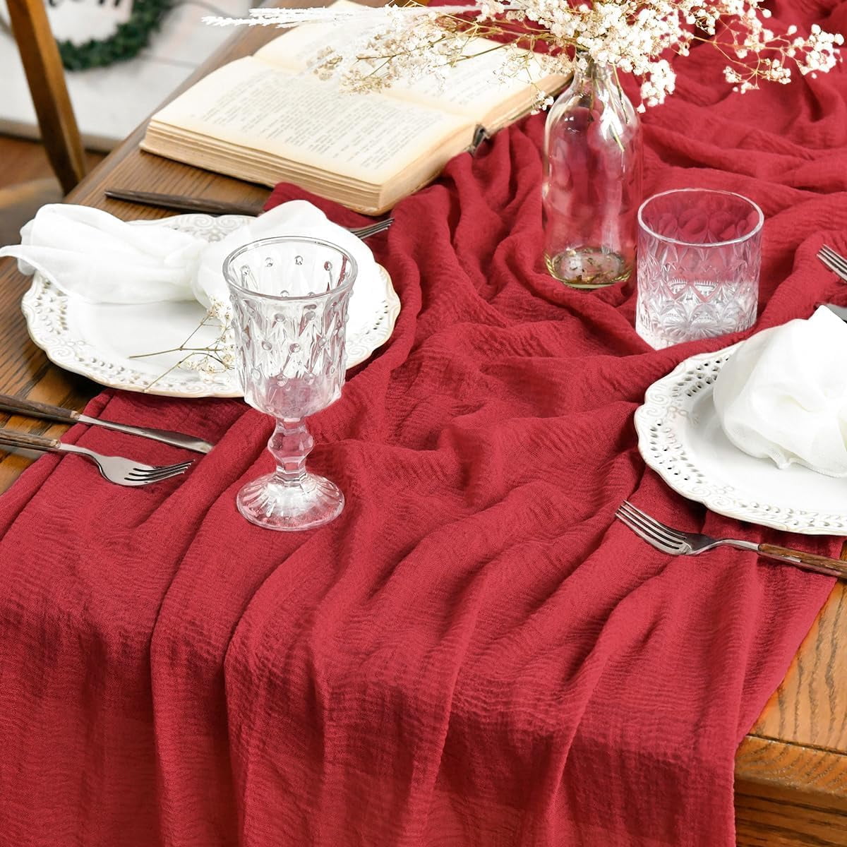 Sm:)e Red Cheesecloth Table Runner 120 Inch Rustic Gauze Boho Chair Sashes for Bridal Shower Wedding Party Catering Home Decoration Supplies