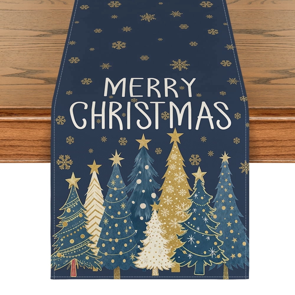 Sm:)e Blue Gold White Tree & Snowflake Christmas Table Runner 13 x 72 Inch Farmhouse Table Decor, Universal for Indoor Outdoor Kitchen, Home & Party Decoration,Blue