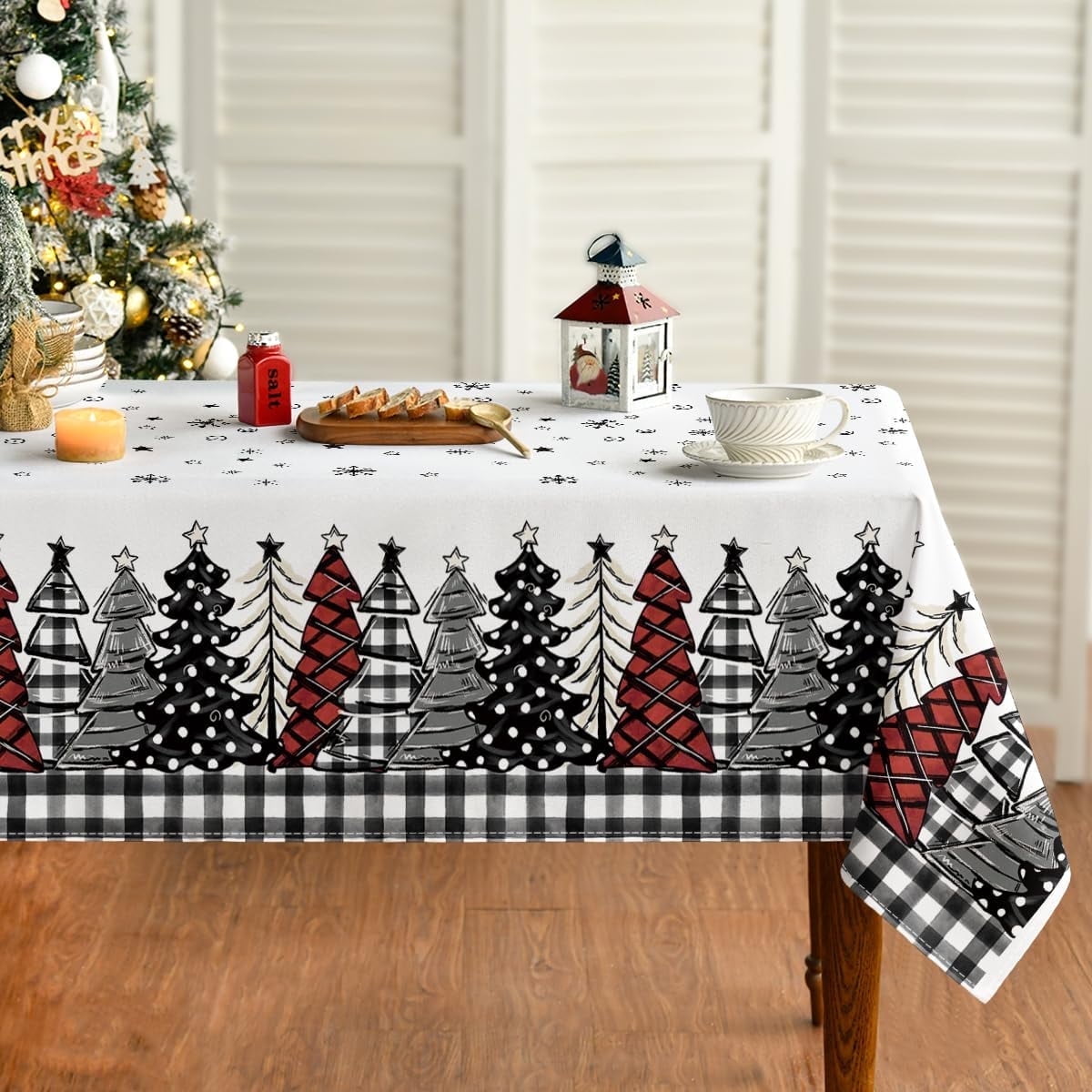 Sm:)e Christmas Tablecloth 60x104 Inch Rectangular, Christmas Trees Buffalo Plaid Black Washable Table Cover for Party Picnic Dinner Decor