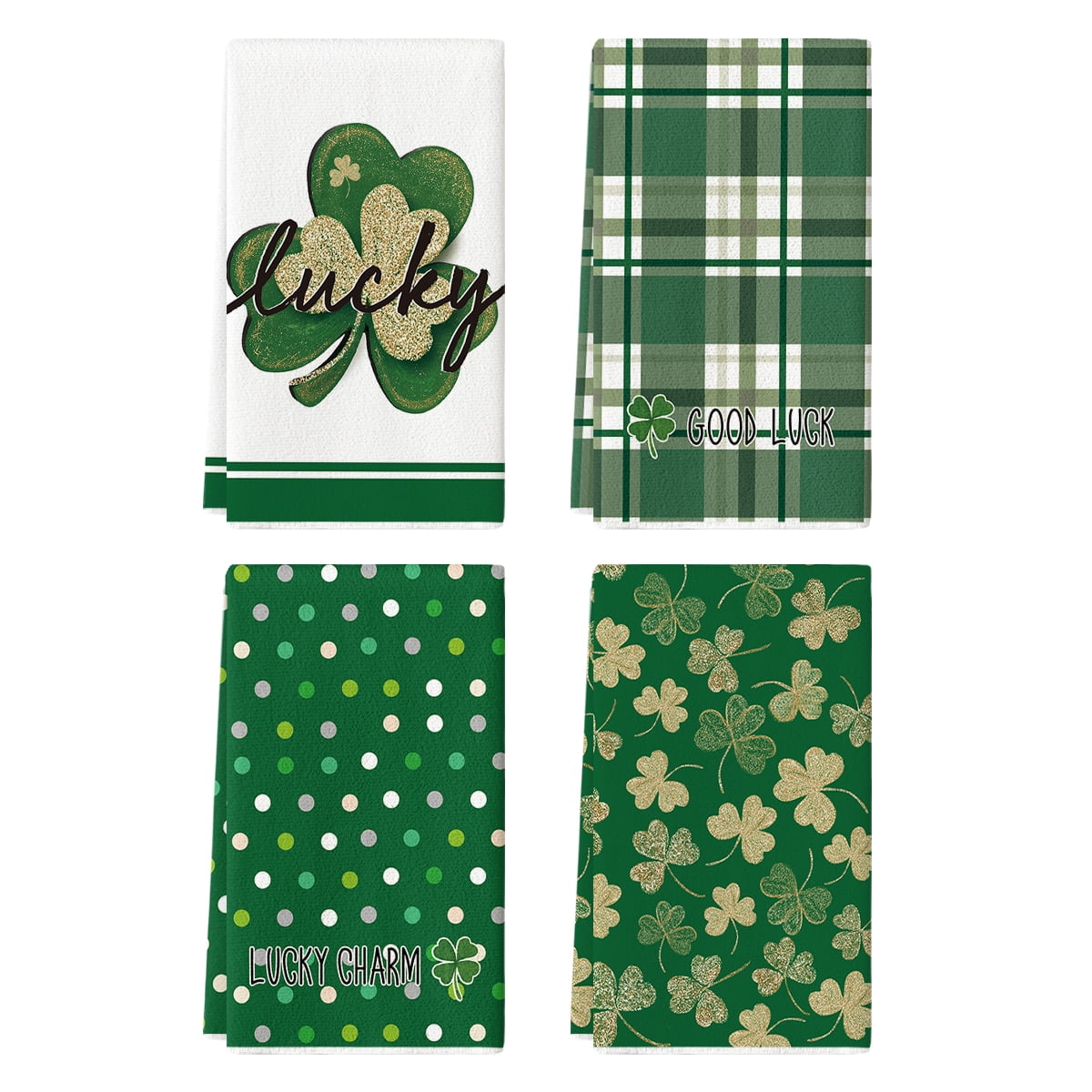 Sm:)e Gold Shamrock Clover Saint Patricks Day Kitchen Dish Towels 18x26 Inch Set of 4 Polka Dot