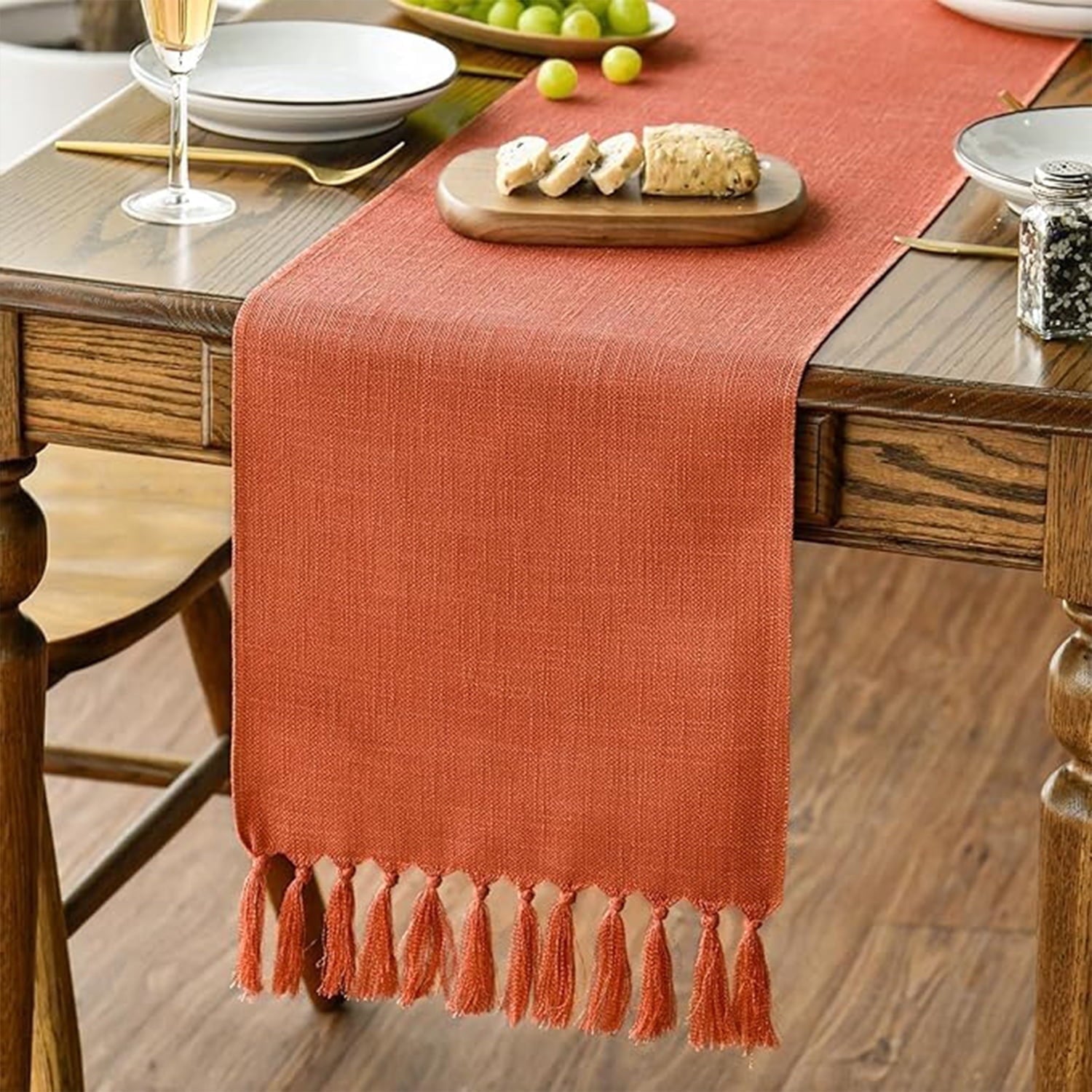 Sm:)e Terracotta Orange Tassel Table Runner, 13x48 Inch, Boho Linen Blend Rustic Farmhouse Style, Holiday Wedding Party Kitchen Table Decor