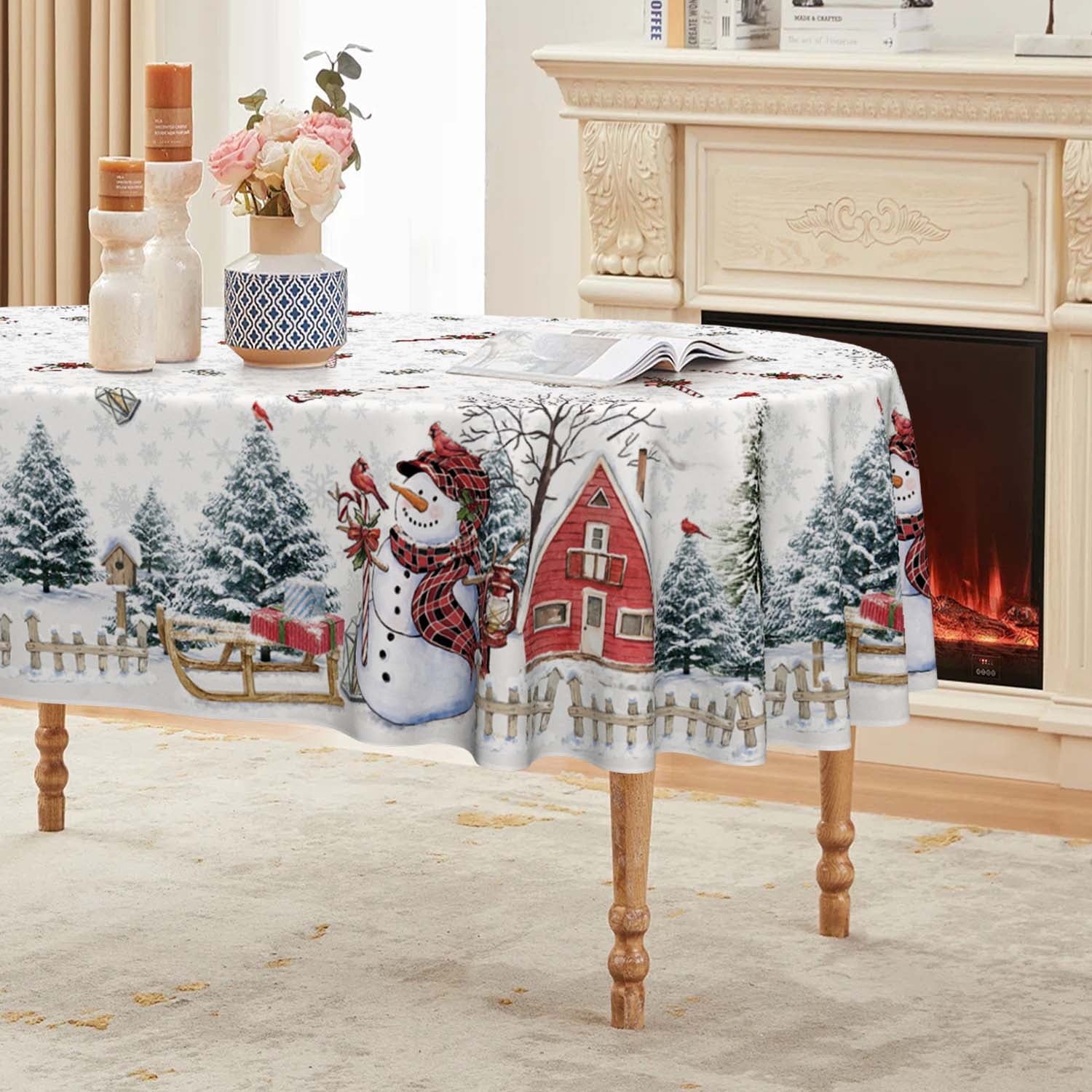 Sm:)e Snowman Christmas Tablecloth 60x84 Inch Oval, Pine Snow Washable Table Cover for Party Picnic Dinner Decor, White