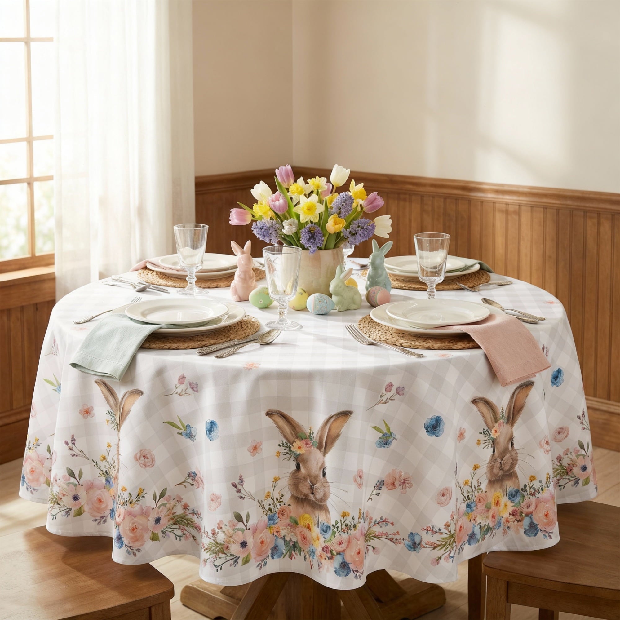 Sm:)e Floral Bunny Spring Easter Tablecloth Round 60 Inch, Seasonal Washable Table Linen Holiday Table Cover for Home Kitchen Dinner Decor