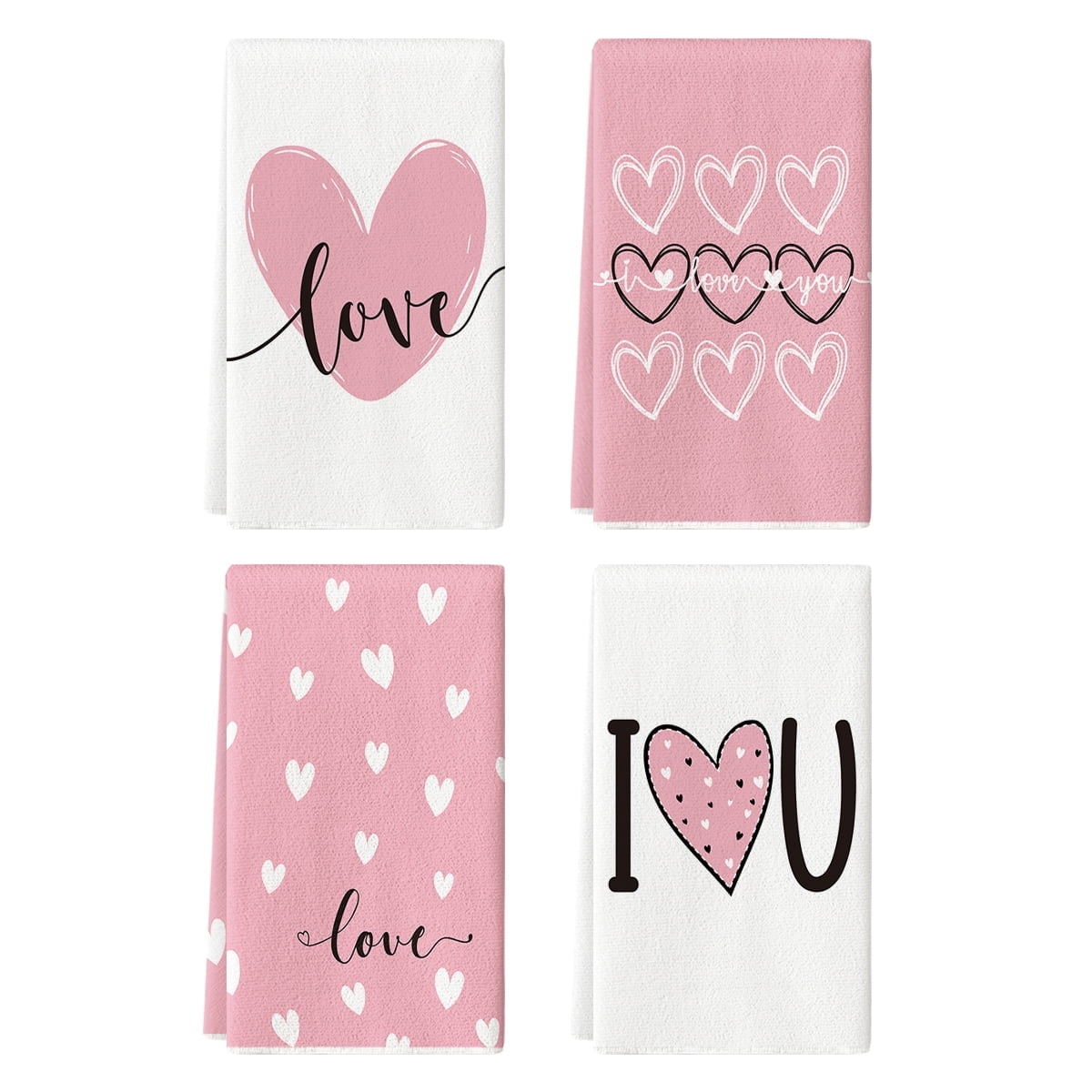 Sm:)e Valentine's Day Kitchen Dish Towels, 18x26 Inch, Set of 4, Pink Heart I Love U