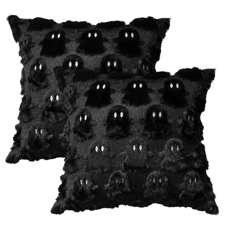 Sm:)e Halloween Ghost Black Throw Pillow Cover Set of 2, 18 x 18 Inch Soft Plush Faux Fur Jacquard Spooky Cushion Case Decoration for Sofa Couch