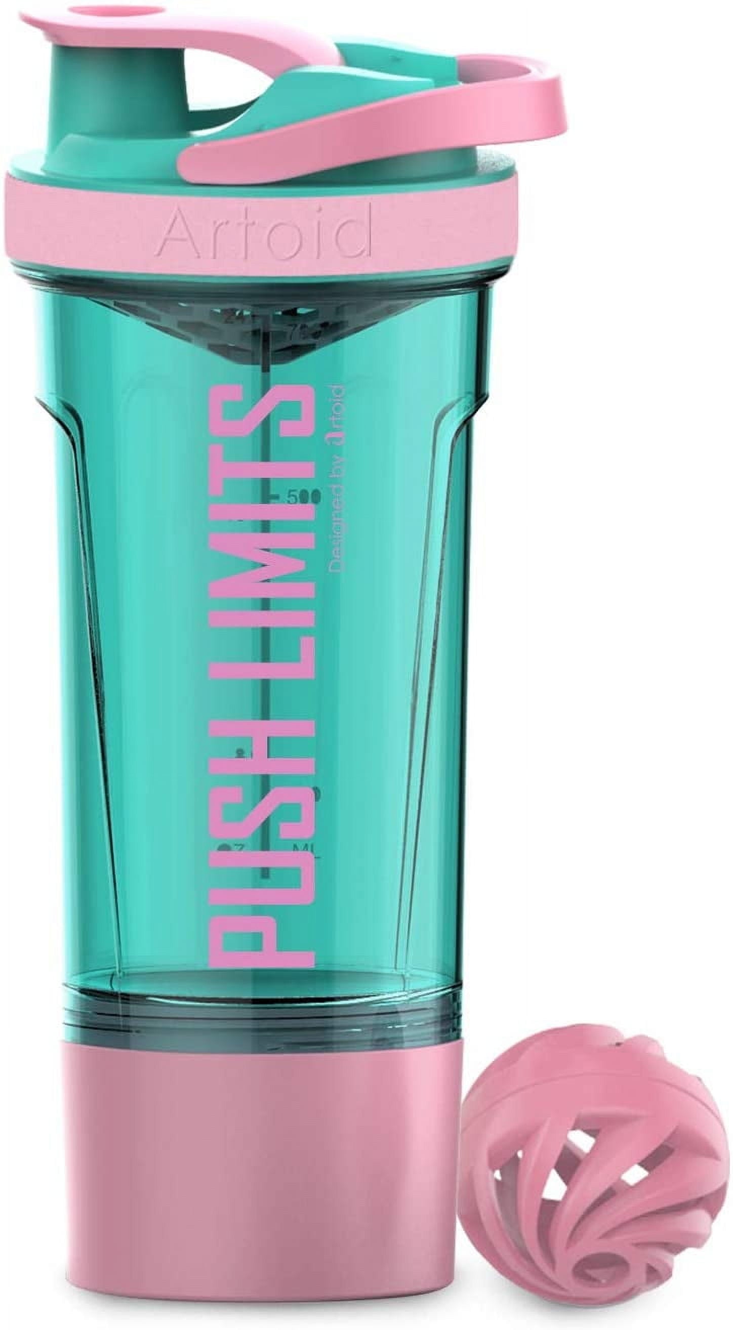 Sm:)e Protein Shaker Bottle, 24 oz, Pink, with Blender Balls Mixing Grids Flip-Top