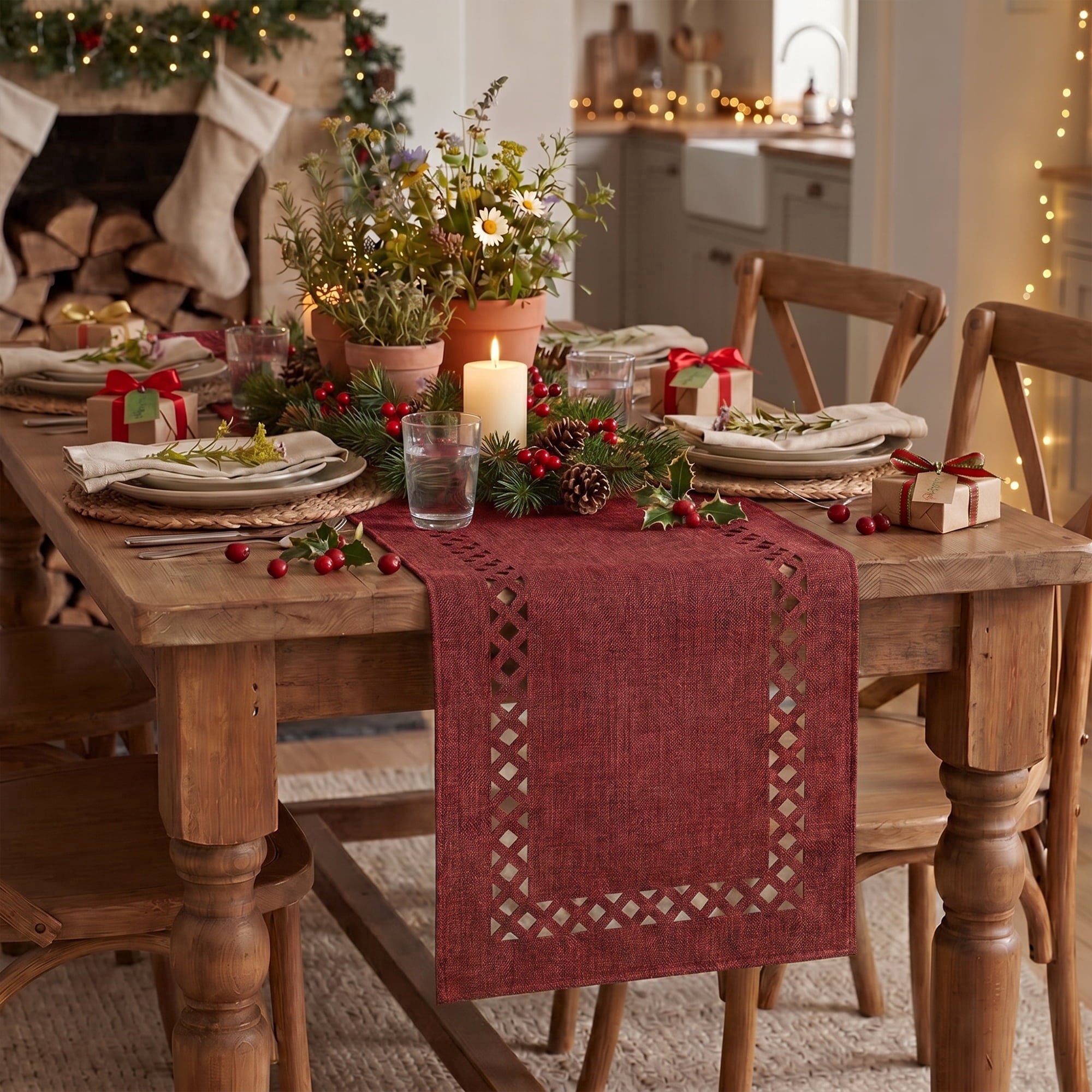 Sm:)e Red Christmas Table Runner, Hollow Out Laser Cut Solid Color, Seasonal Winter Washable Kitchen Dining Table Decoration for Home Party Decor 13x36 Inch
