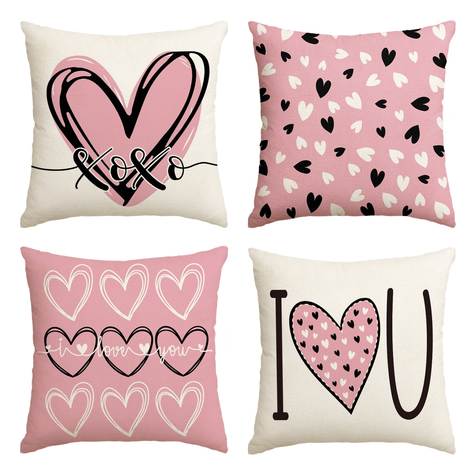 Sm:)e I Love U XOXO Hearts Pink Valentine Throw Pillow Covers Set of 4, 18 x 18 Inch Love Cushion Case Decoration for Sofa Couch