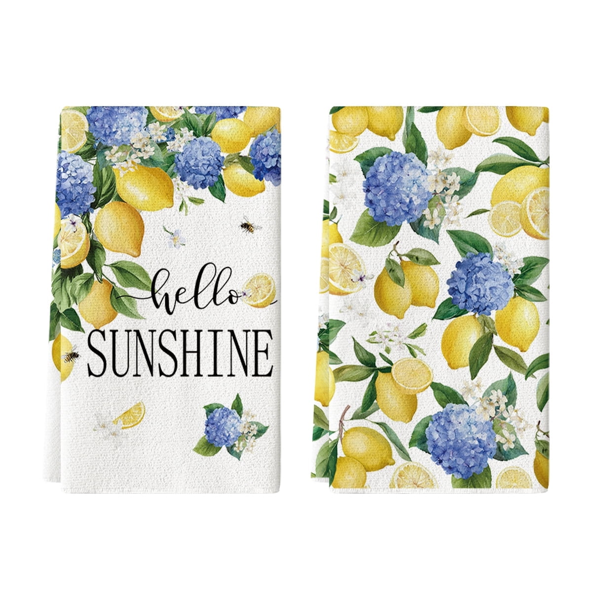 Sm:)e Hello Sunshine Lemon Hydrangea Summer Kitchen Dish Towels 18x26 Inch Set of 2