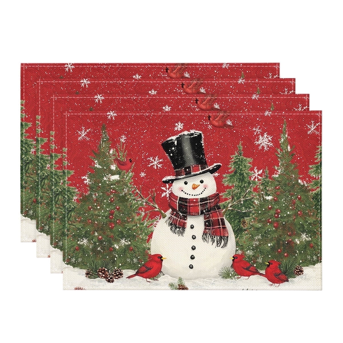 Smile Snowman Cardinals Xmas Winter Placemats Red for Dining Table 4-Pack, 12 x 18 Inch