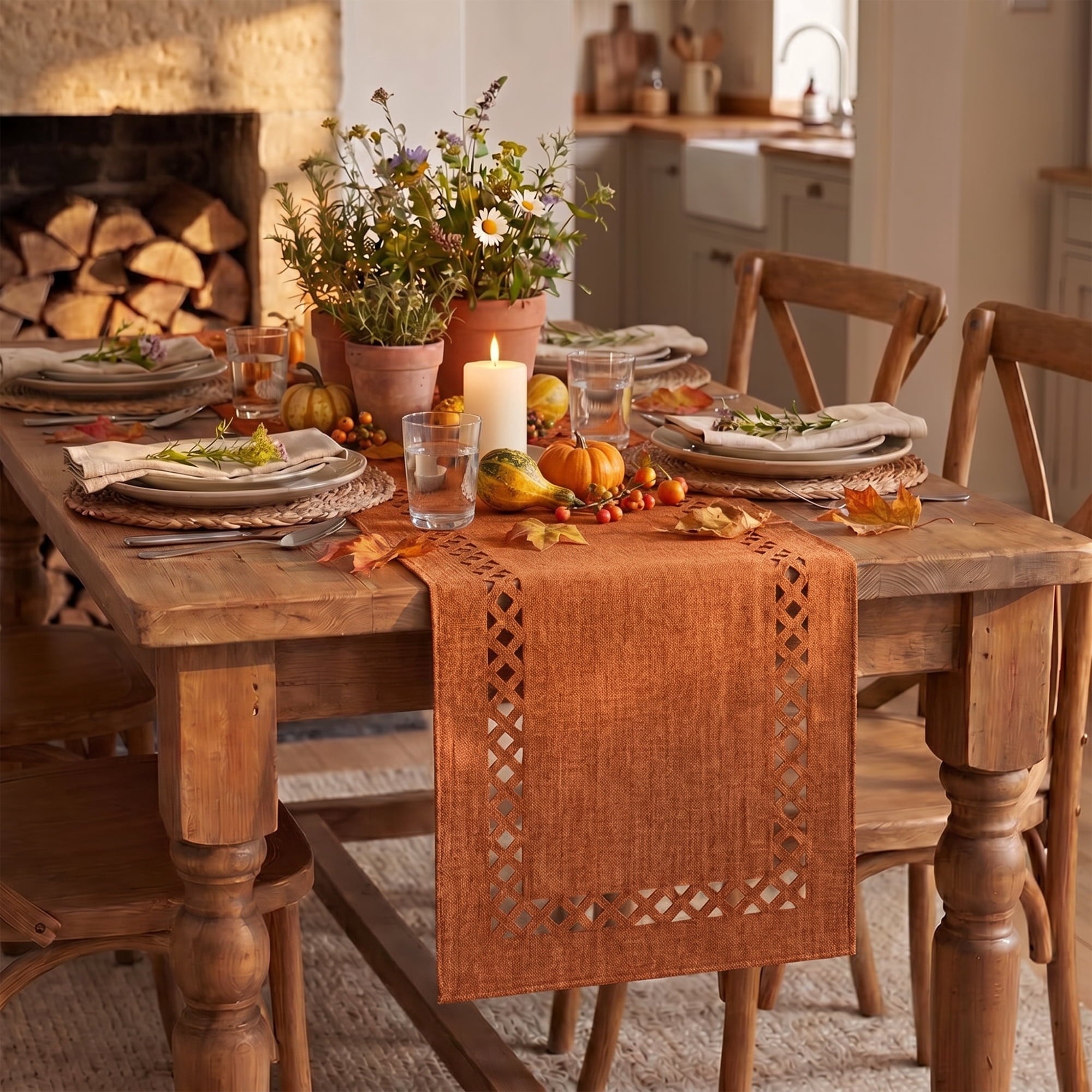 Sm:)e Orange Fall Table Runner, Hollow Out Laser Cut Solid Color, Seasonal Fall Washable Kitchen Dining Table Decoration for Home Party Decor 13x120 Inch