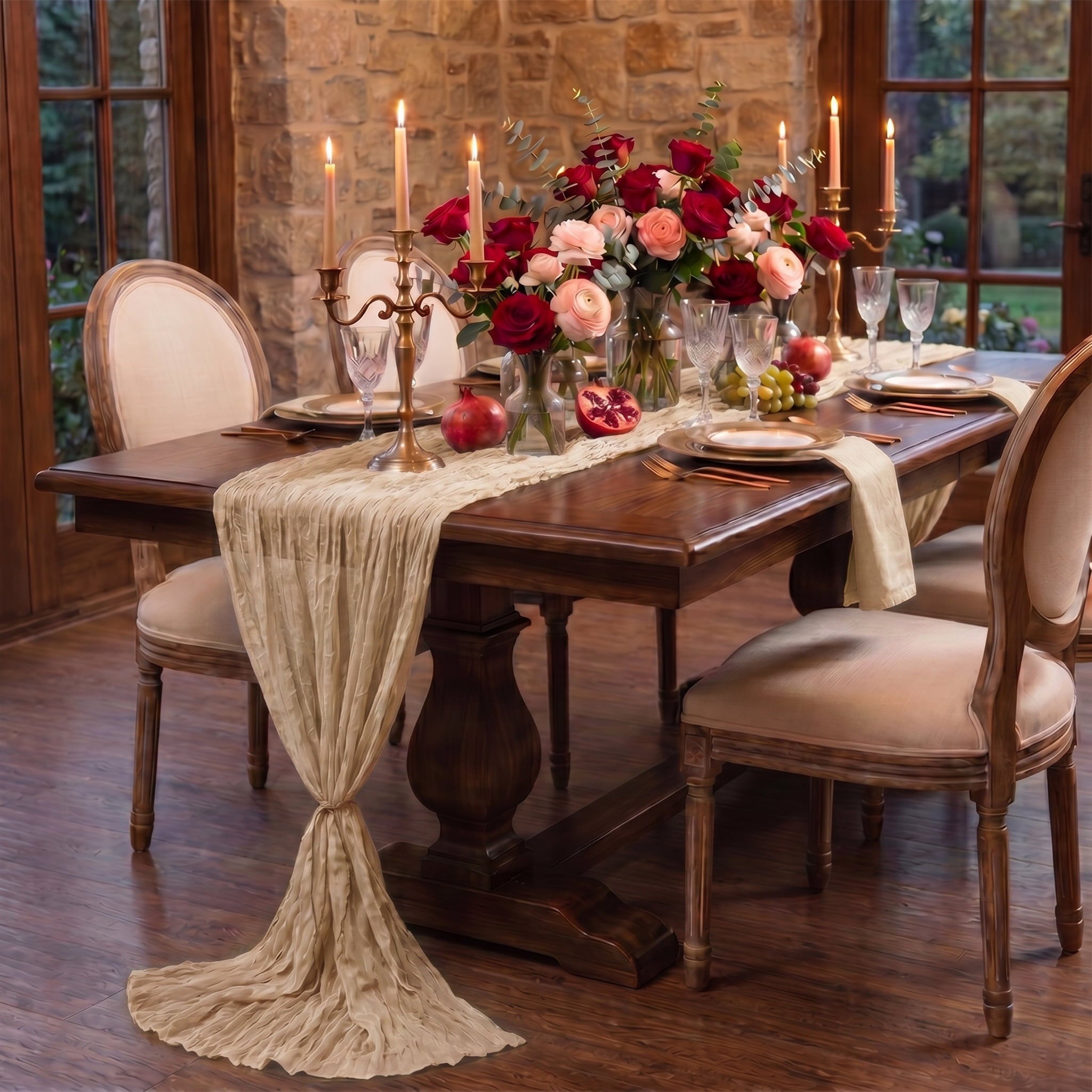 Sm:)e Boho Champagne Gauze Cheesecloth Table Runner 35x120 Inch, Multi-Purpose Decor for Kitchen Dining Wedding Holiday Party
