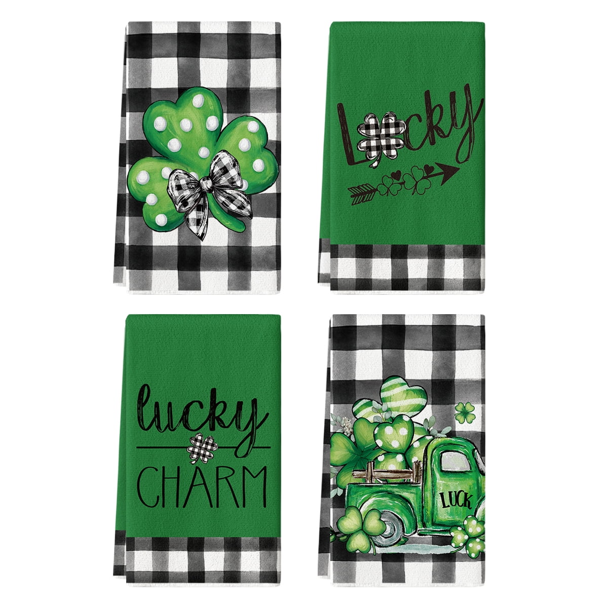 Sm:)e Buffalo Plaid Shamrocks Lucky Truck St. Patrick's Day Kitchen Towels Dish Towels, 18x26 Inch Seasonal Spring Decoration Hand Towels Set of 4